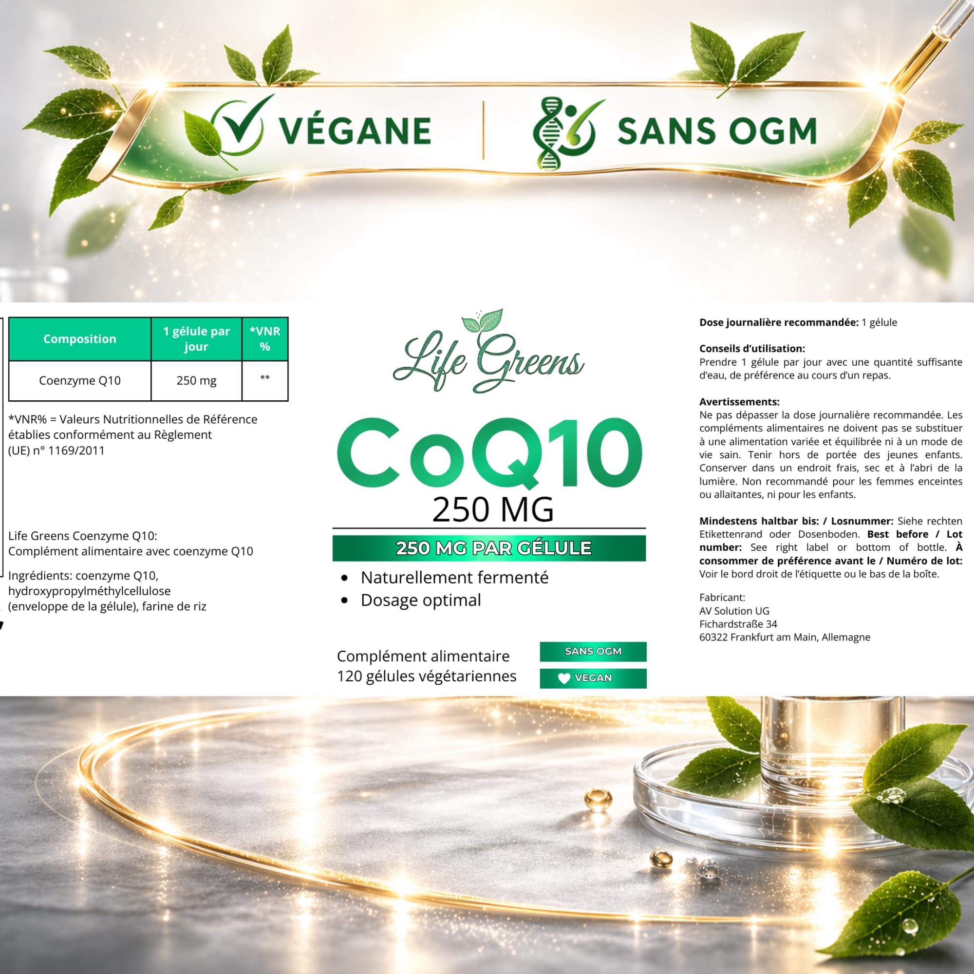 COENZYME Q10 250 mg | CoQ10 Ubiquinol issu de fermentation naturelle | Puissant antioxydant naturel | Protection anti âge | Énergie cellulaire | Absorption optimale | 120 gélules véganes | Sans OGM