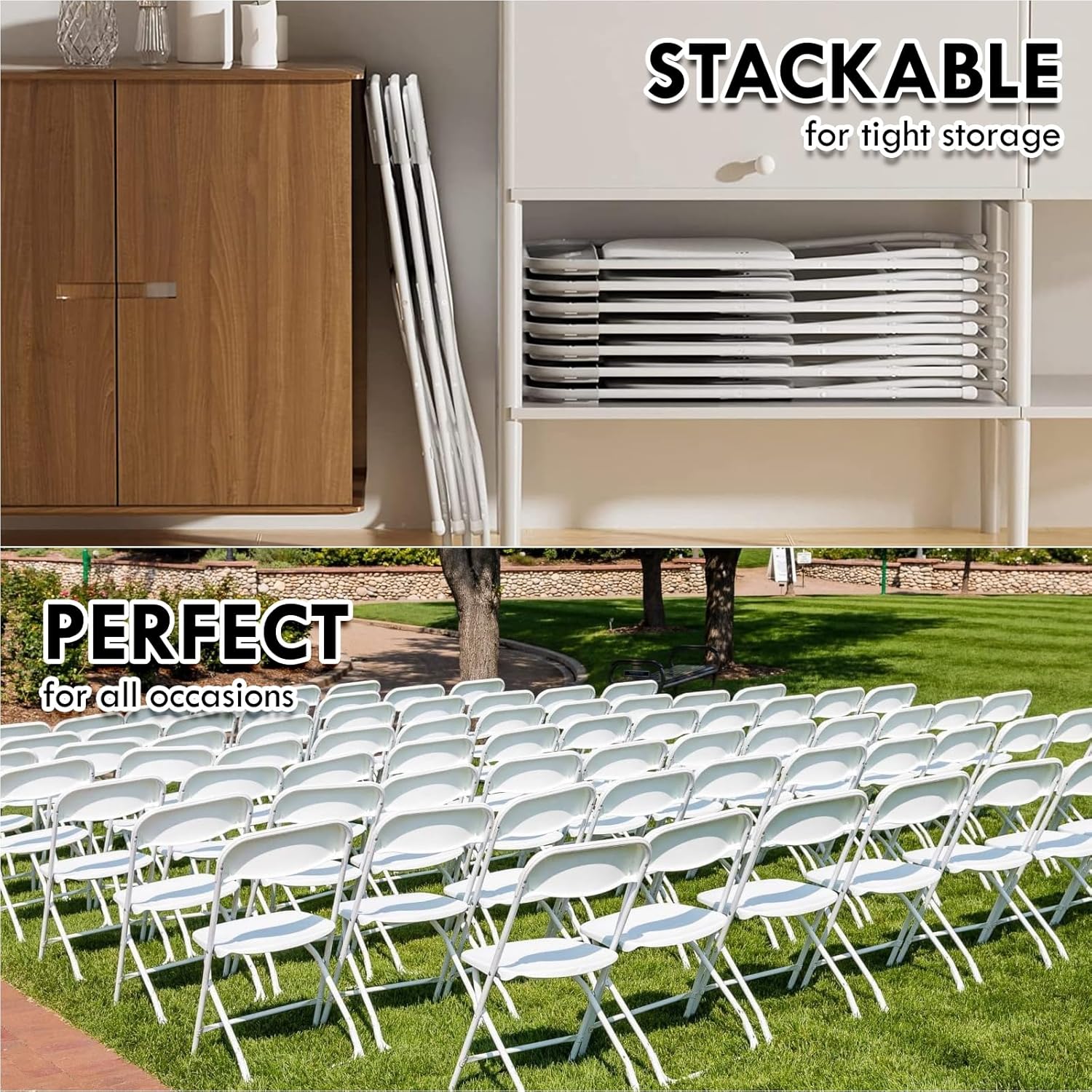 AJP Distributors Folding Chair,Comfortable Event Chair with Back,Portable Stackable Commercial Seat for Indoor and Outdoor,Office,Wedding,Party,Picnic,Kitchen Dining,Patio&Garden(White,4 Pack 650 lb)