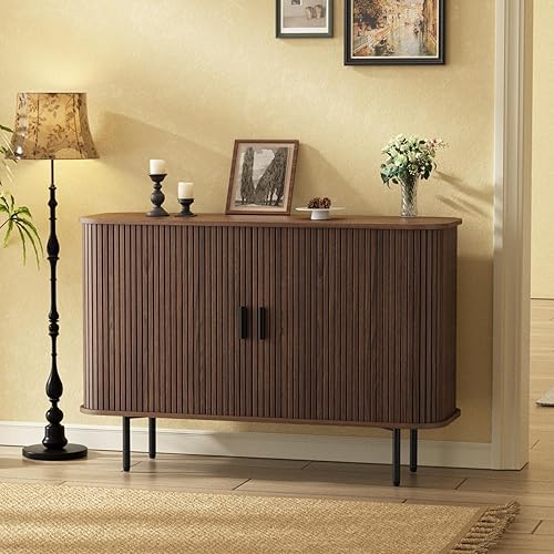 Aparador de buffet de 47 pulgadas de ancho x 32 pulgadas de alto con almacenamiento, armario de almacenamiento acanalado con borde curvo, puerta