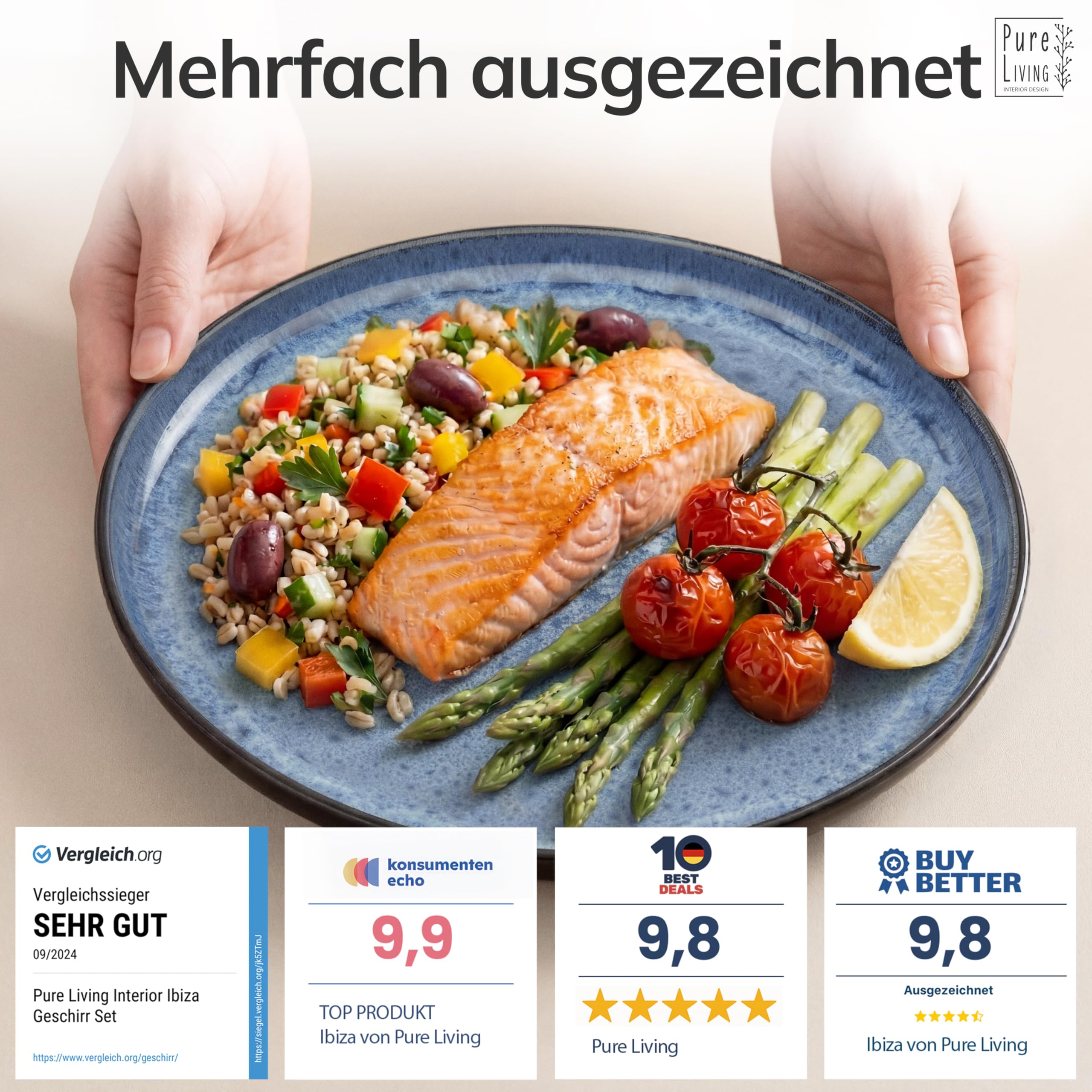 Talerz z kamionki, duży dla 6 osób, zwycięzca testu Ibiza, bajeczna śródziemnomorska kamionka, stylowy zestaw talerzy obiadowych, Pure Living w kolorze ciemnoniebieskim