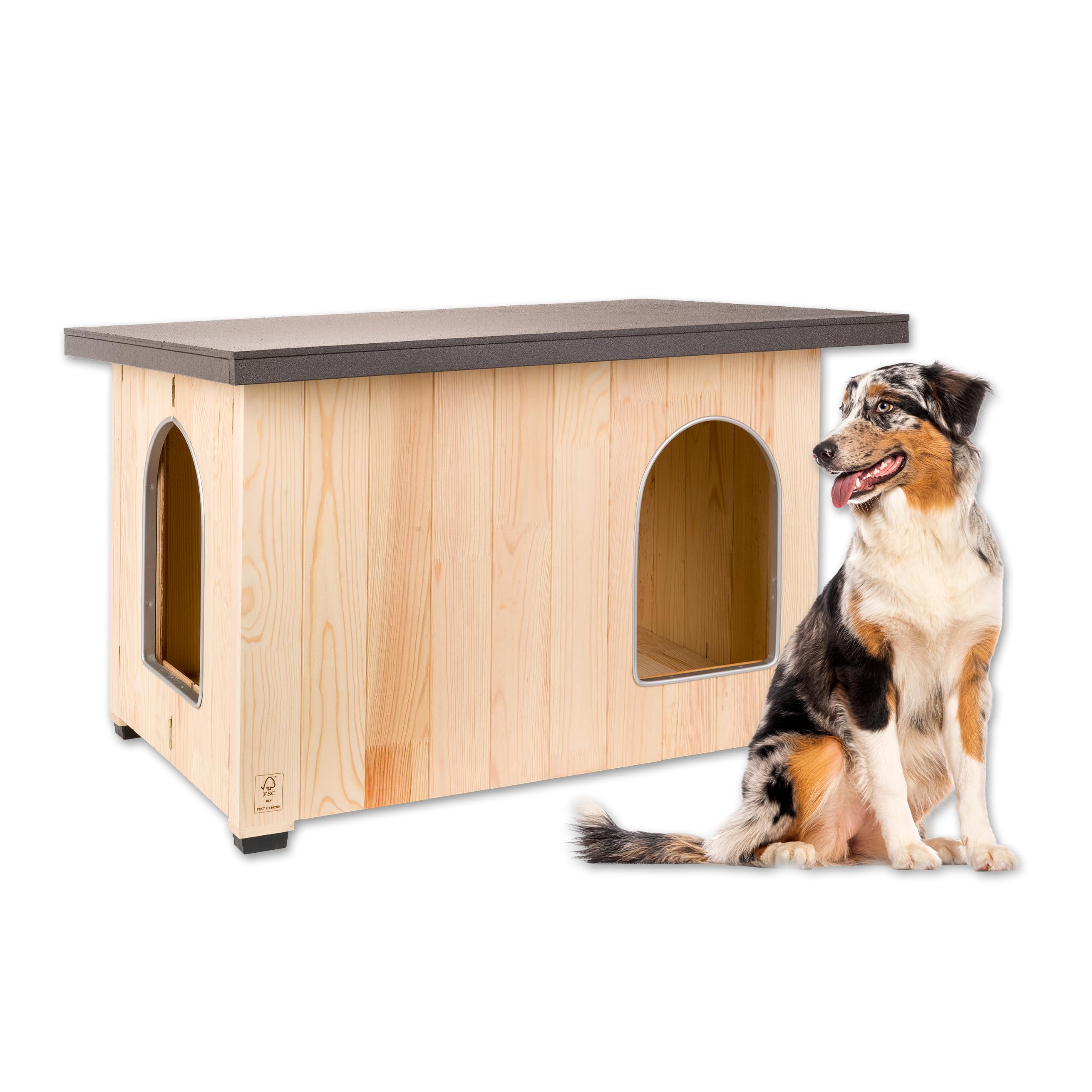 Ferplast Niche Chien Bois Extérieur avec 2 Entrées – Isolation 4 Saisons, Porte Coulissante, Résistante aux Intempéries, Plancher Surélevé, Chien Moyen, 95 x 65 x 62,5 cm