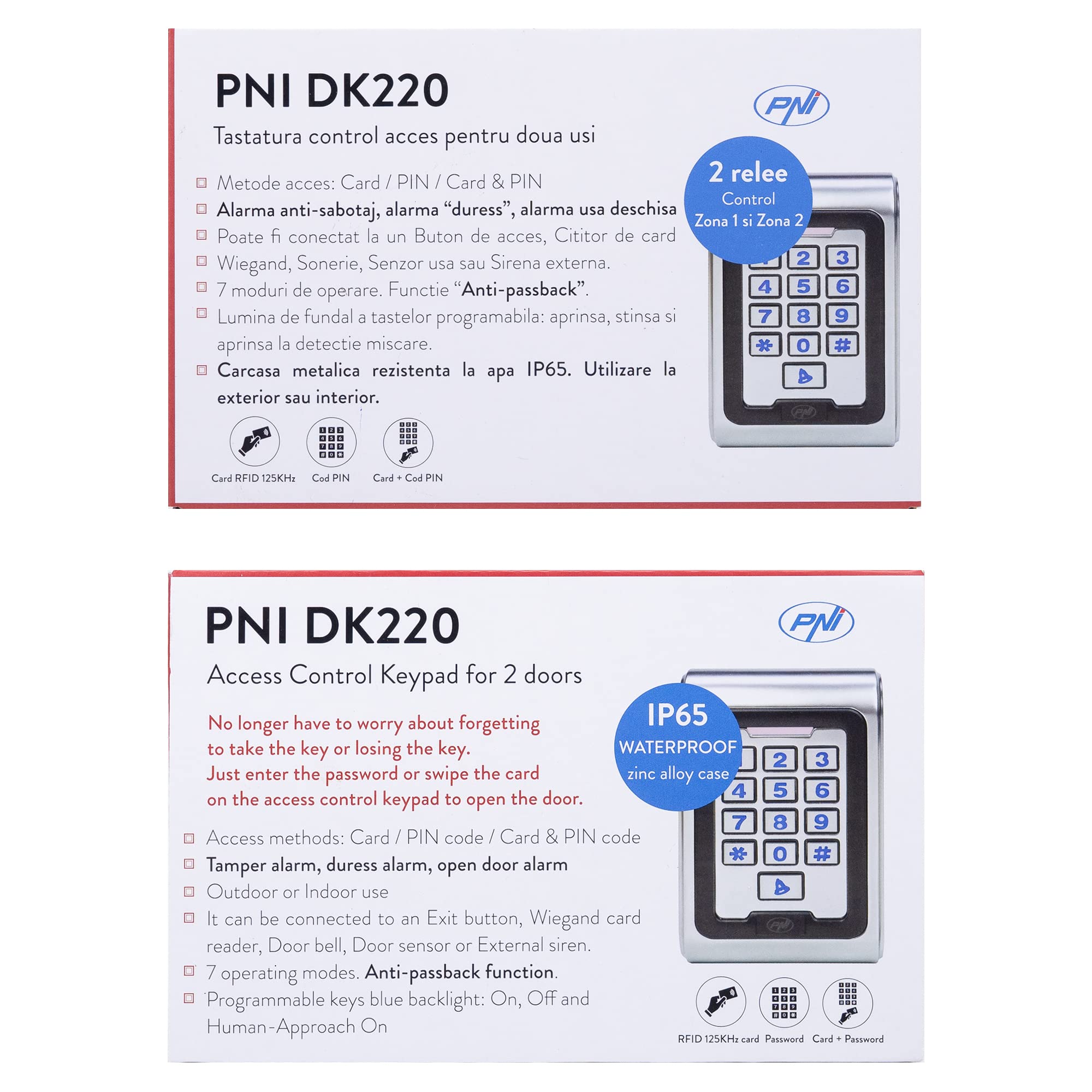 Paquete de teclado de control de acceso PNI DK220, independiente con almohadilla adhesiva incluida.