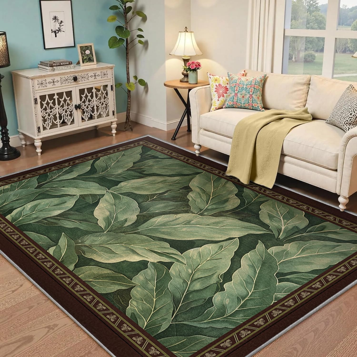Dywaniki do wnętrz z brązowymi obramowaniami, 100 x 150 cm, zielony liść magnolii, dywan do sypialni, wiejskiego domu, vintage, styl naturalny, dekoracja podłogi, niskie runo, można prać