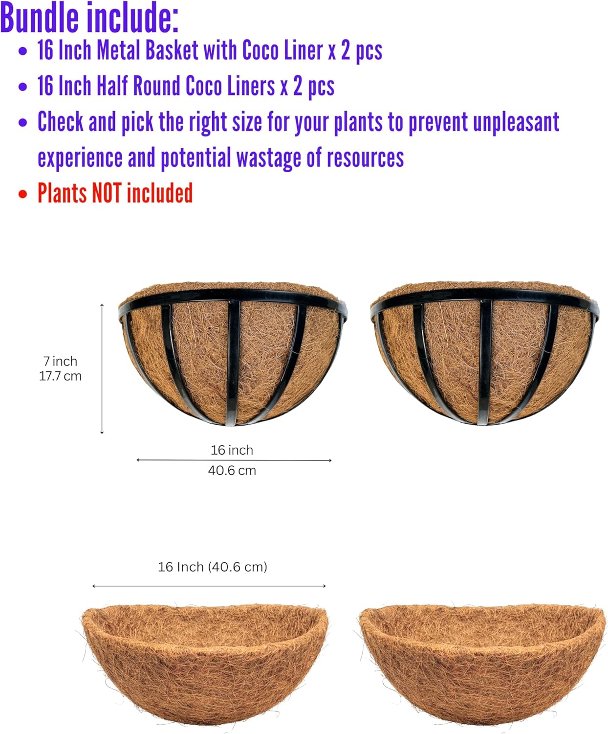 LaLaGreen Bundle- 2 Pack, 16 Inch Metal Basket with Coco Liner + 2 Pack, 16 Inch Half Round Coco Liner Insert Replacement Window Hanging Flower Pot Outdoor Plants Holder Blacony Porch Rail Fence Decor
