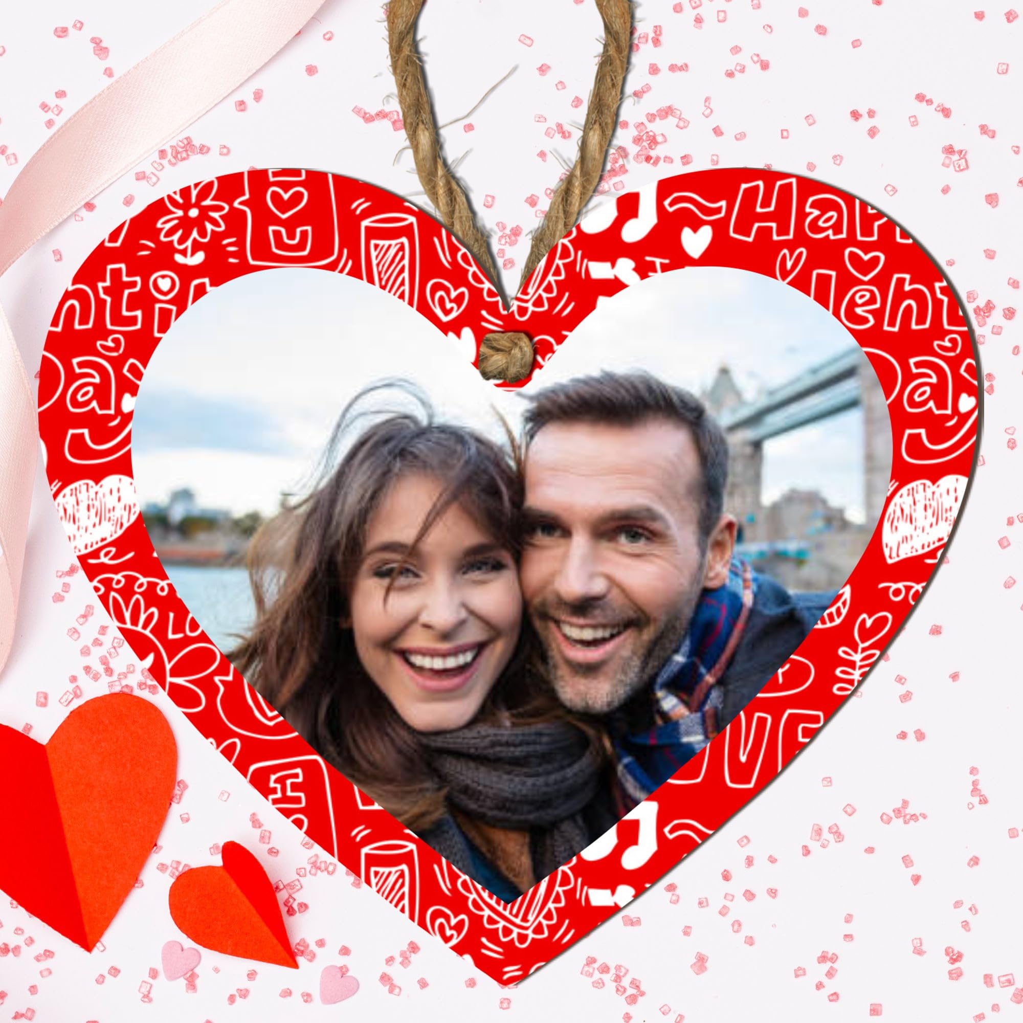 Personalised Heart Photo Plaque - Custom Hanging Sign with Your Photo, Romantic Valentine's Day Gift, Anniversary Keepsake, Love-Themed Custom Coupleβs Photo Decoration (Red - White Words)