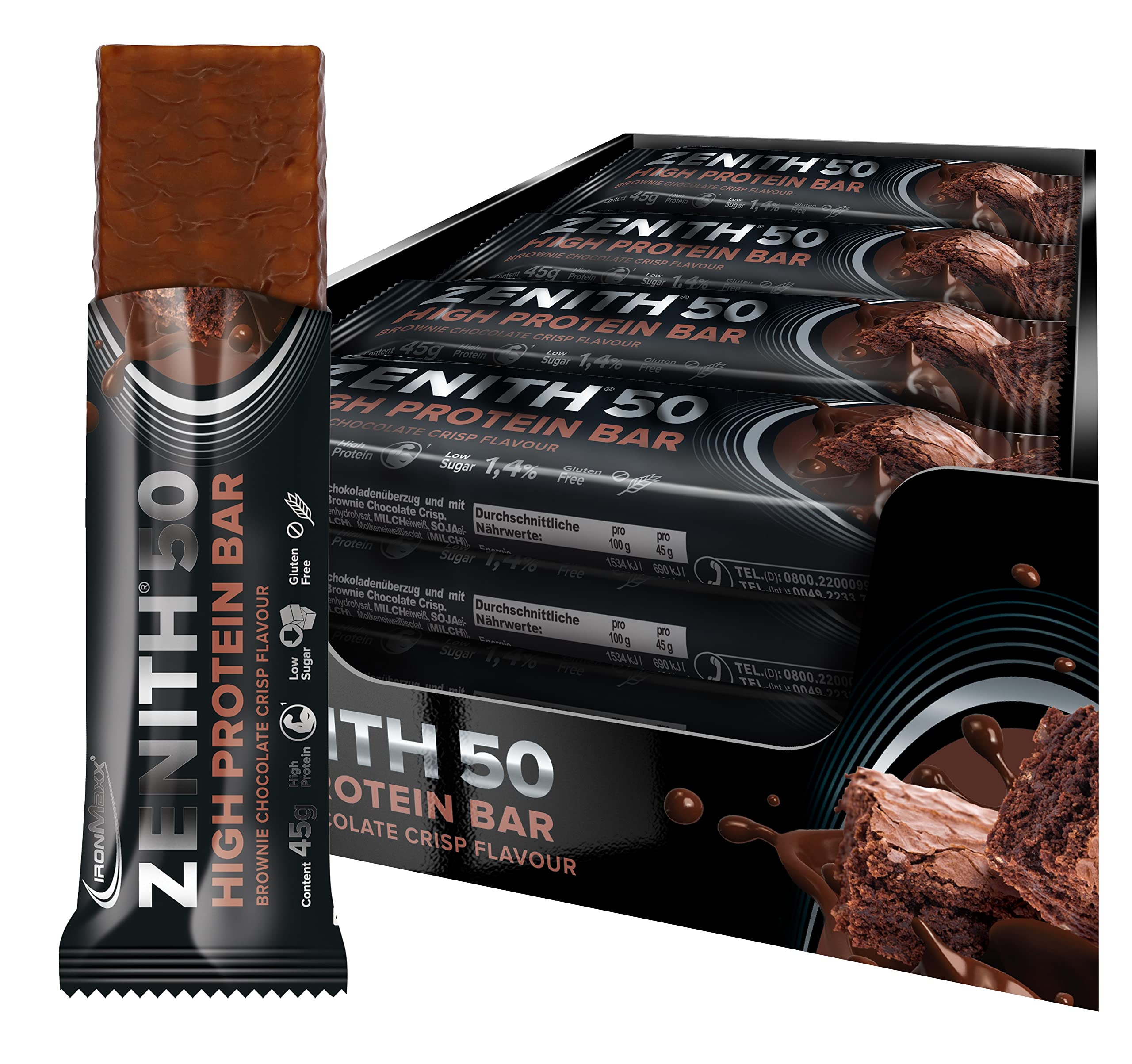 IronMaxx – Barre Protéinée Zenith 50 – Brownie Chocolat Crisp 16 x 45 g – Barre protéinée sans sucre, protein bar riche en protéines