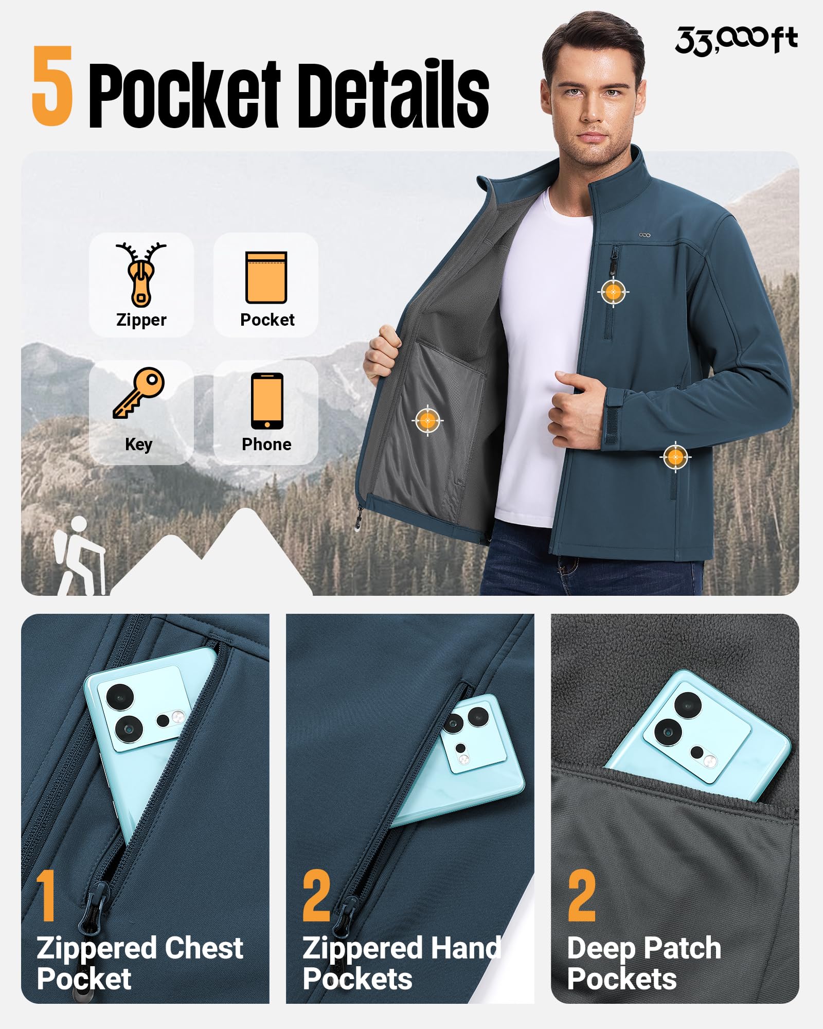 33,000ft Softshelljacke für Herren Wasserdichte Übergangsjacke Fleece Gefütterte Winddichte Outdoorjacke Funktionsjacke für Outdoor Freizeit