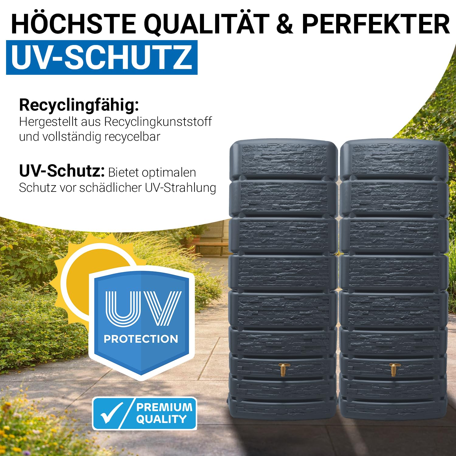 4rain Slim Stone Decor Regentonne Set 1000 Liter Graphitgrau – 2X Regenfass/Wassertank 500 Liter mit Verbinder + Hahn – Frostsicherer Regenwassertank/Regenwassertonne - Wassertonne für Garten