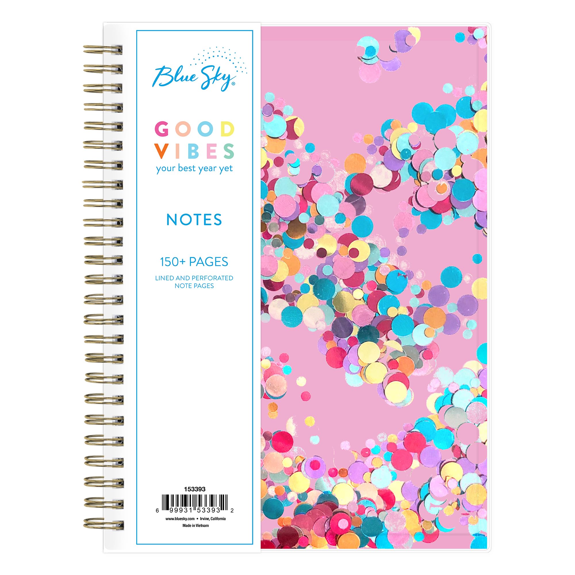 Blue Sky Good Vibes Notebook, 160 Lined And Perforated Pages, 5.75" x 8.5", Gold Durable Twin Wire Binding, Flexible Glitter Shaker Cover, Party Dots