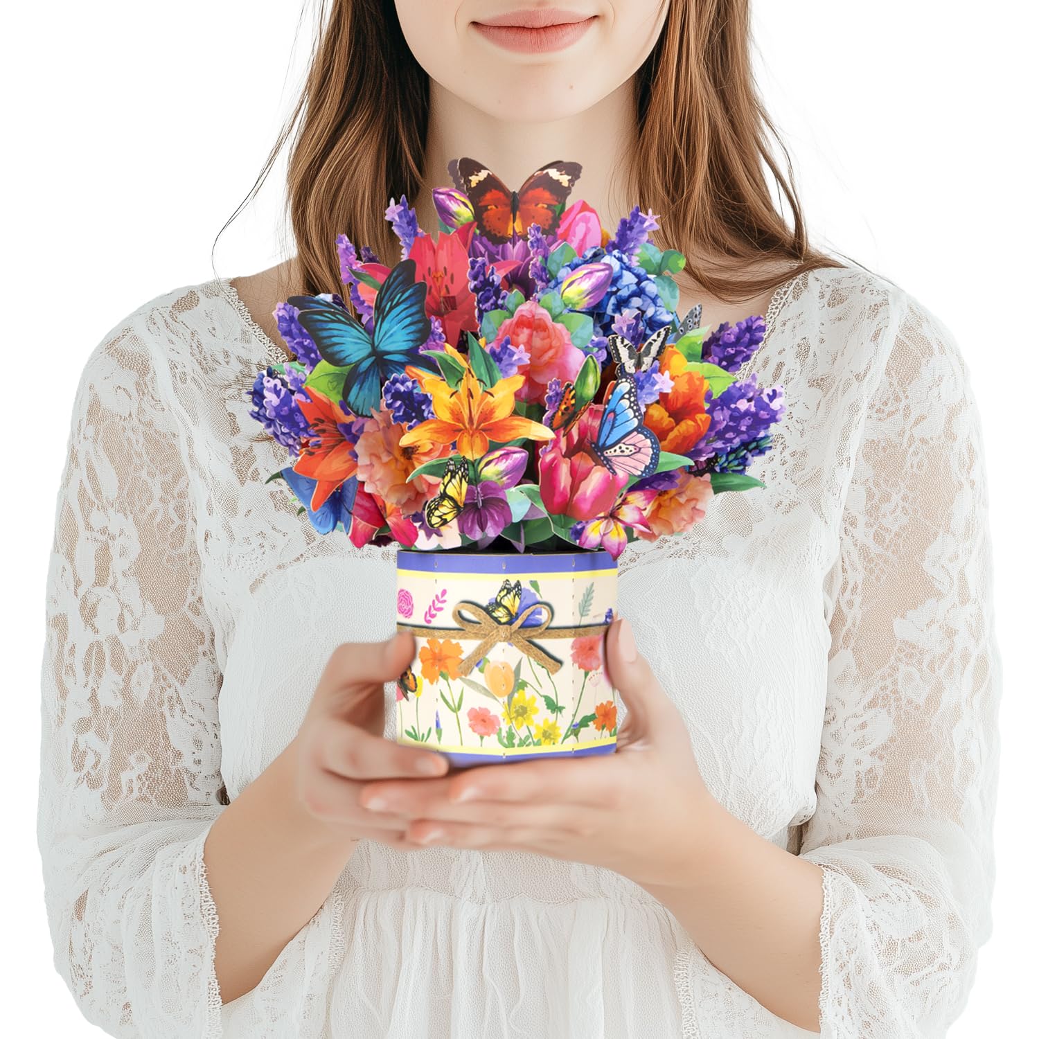 3D Pop-Up Flower Bouquet Card with Butterflies, Handmade Floral Greeting Card for Mother’s Day, Spring Birthdays, Graduation, or Housewarming, Flowers in Vase Design, with Envelope and Note Card