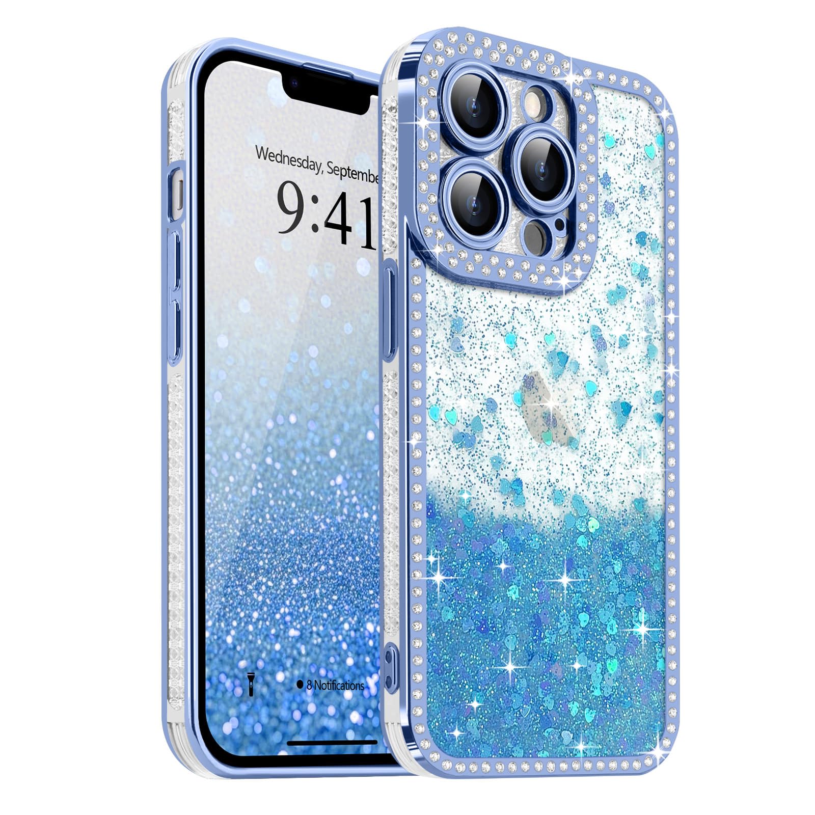 for iPhone 13 Pro Case Glitter, Bling Sparkle Heart Pattern Sequin Luxury Crystal Shiny Diamond Rhinestones Cover for Women Girls, Soft TPU Shockproof