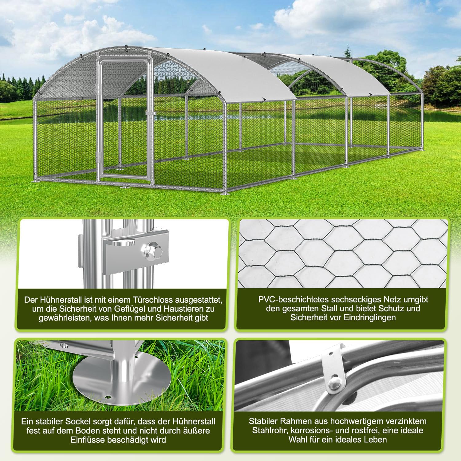 Gallinero de 3 x 8 x 2 m, recinto para gallinas, gallinas, acero galvanizado, para gallinas, caseta de conejo, cúpula, tejado, ganso, palomas y codornices, recinto de metal con red