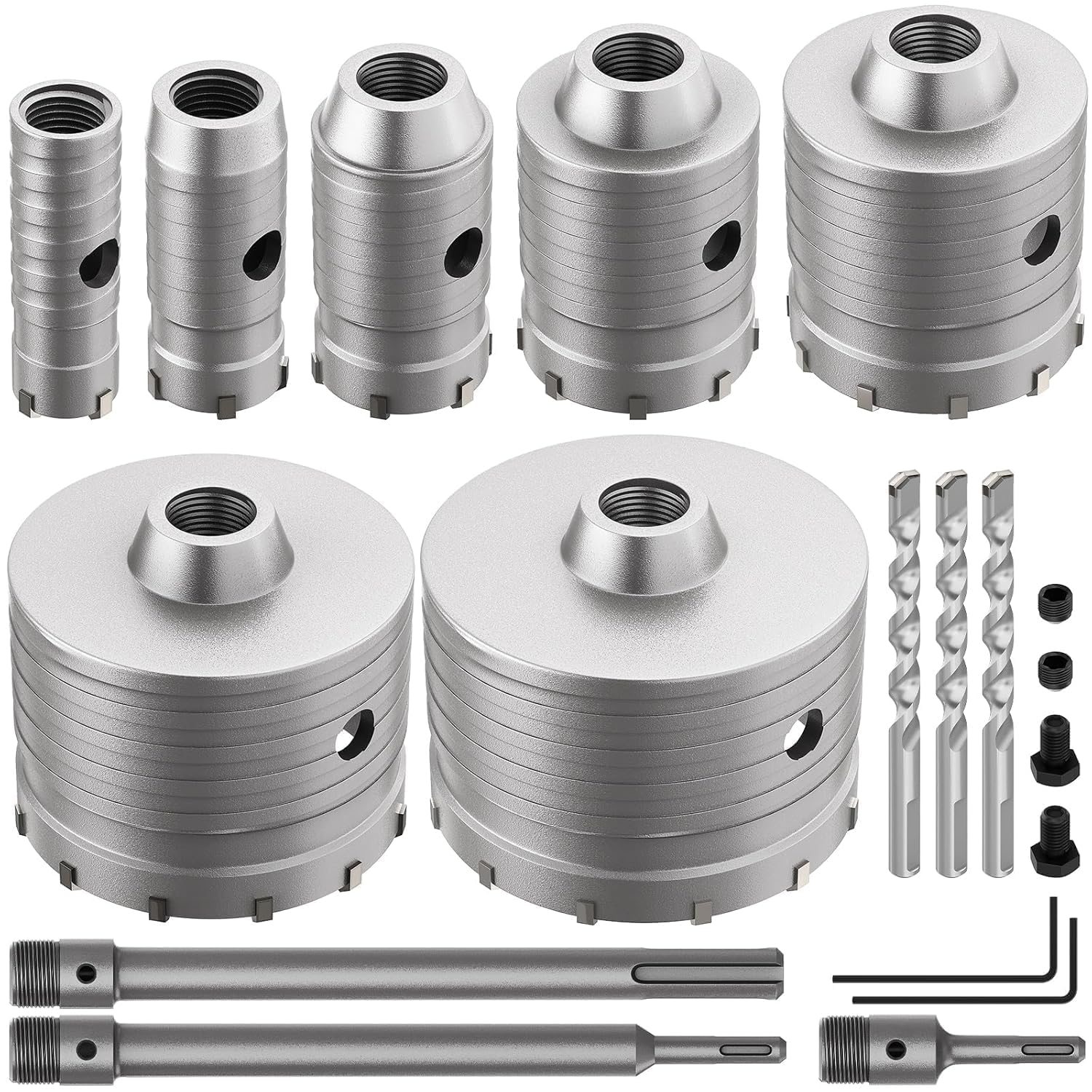 DAIMIT Kit de Trépan à Béton 20 Pièces avec 3 Mèches et Mandrin SDS Plus & Max, Ensemble de Trépans pour Perçage de Murs en Béton, Ciment, Briques et Pierre, Tailles du Kit 30 40 50 68 82 100 110 mm