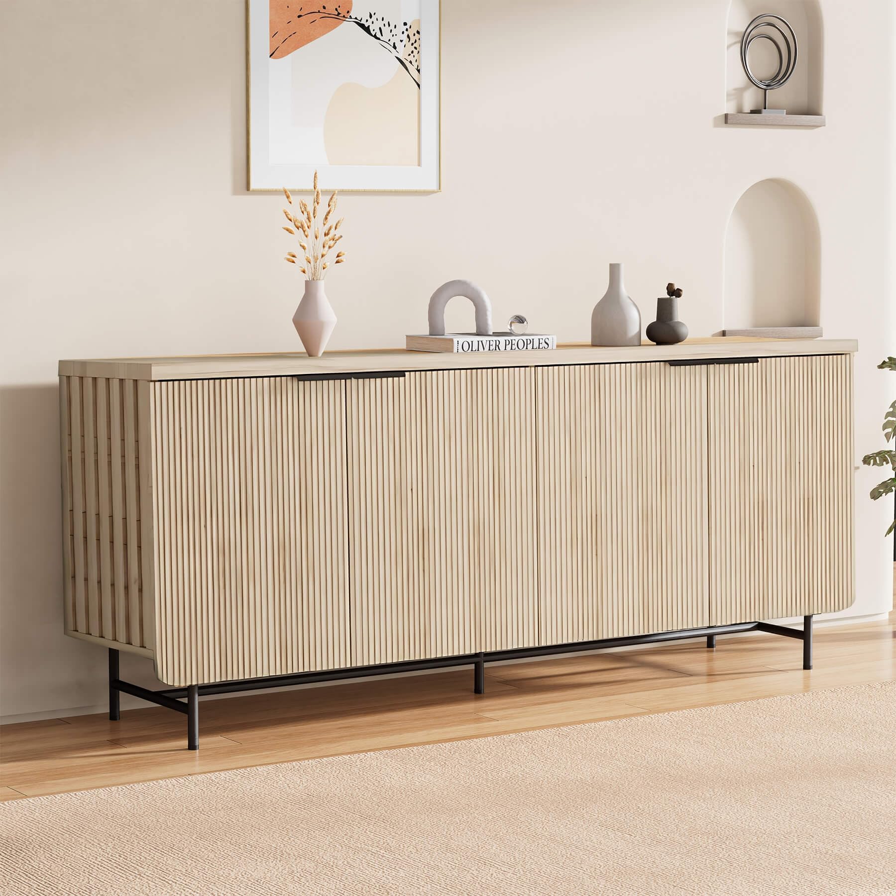 SAINTCY 68" Large Fluted Sideboard Buffet Cabinet with 4 Doors, Multifunctional Storage Sideboard with Adjustable Shelves, Credenza Accent Cabinet