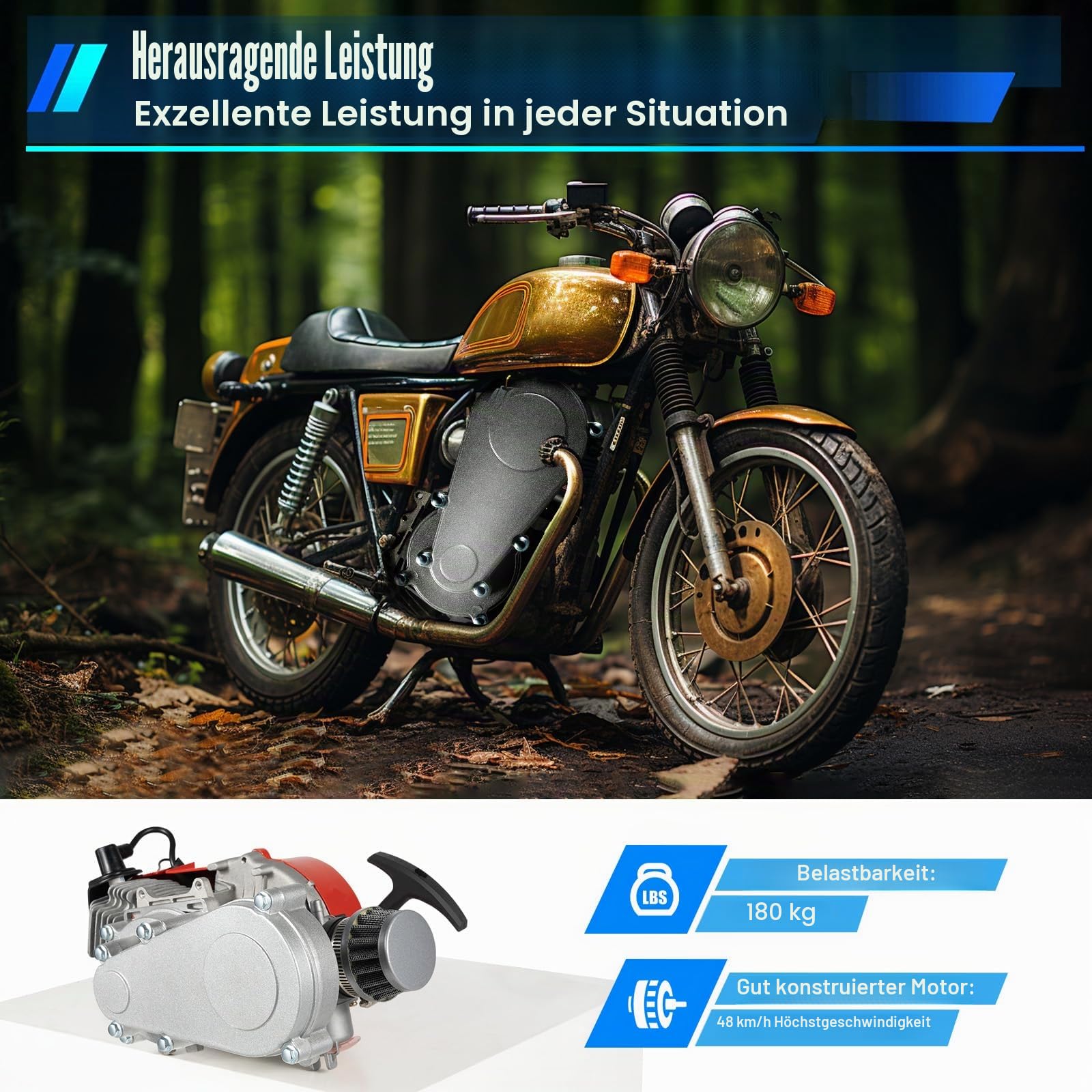 49ccm 50ccm Pocket Dirt Bike Motor, Einzylinder Luftkühlung 2-Takt 3PS Motor mit Elektronische Zündung und Seilzugstart für Mini-Dirt-Bikes, Atvs, Pocketbike