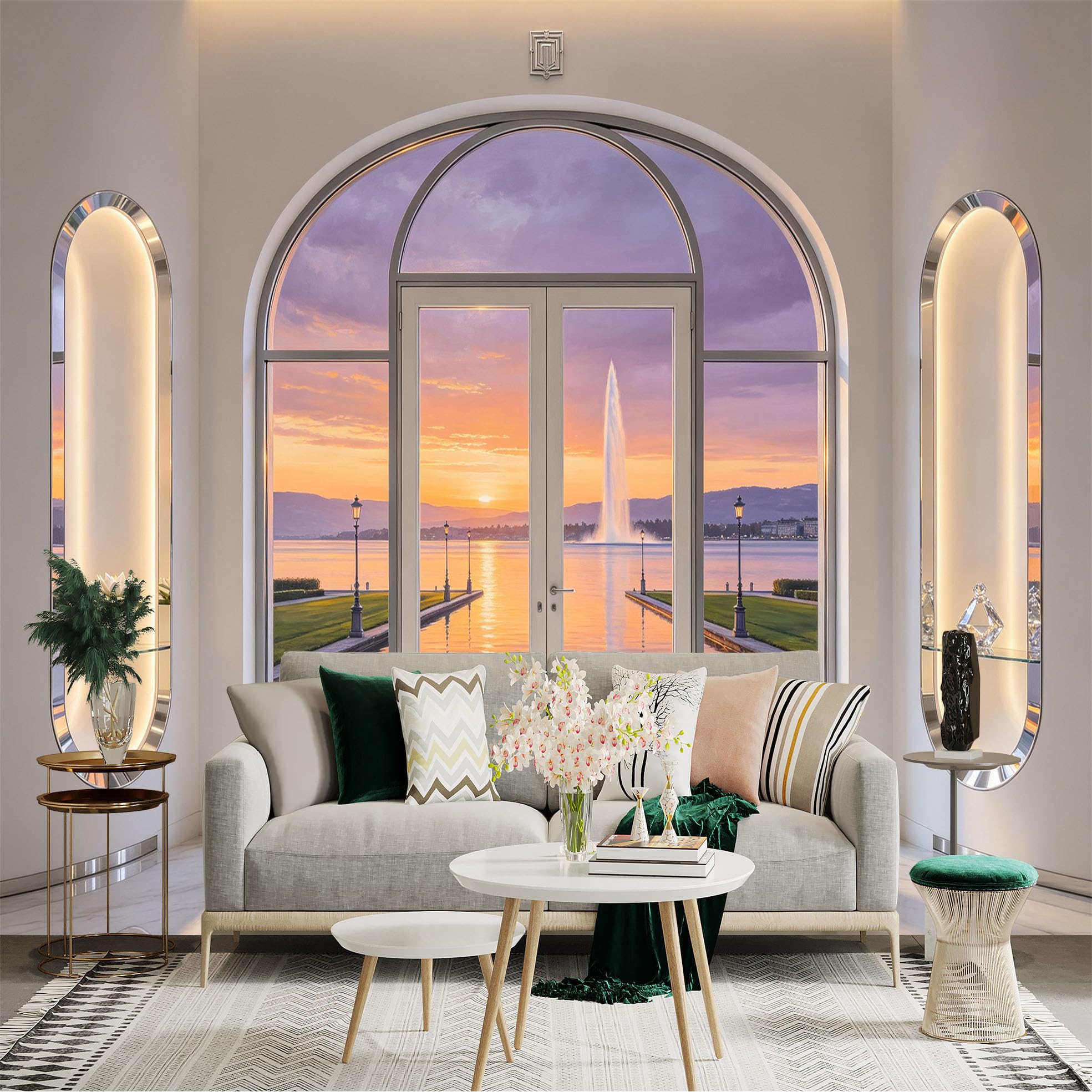 Custom Size Wall Sticker Mural， Arched Window Lake Sunset Fountain View， Scenic Waterside Landscape， for wall Decoration， peelandstick wall Decals.