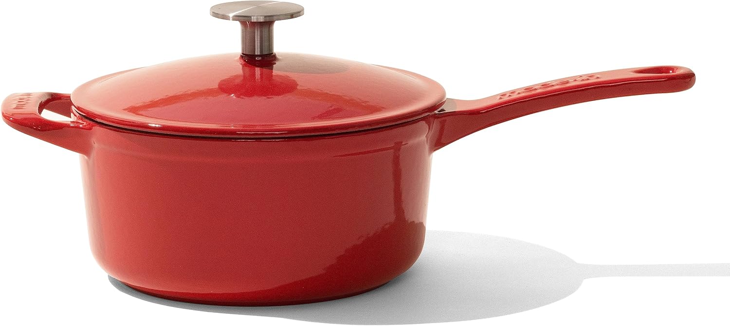 Made In Cookware 2 Quart Enameled Cast Iron Saucepan with Lid Red Hand