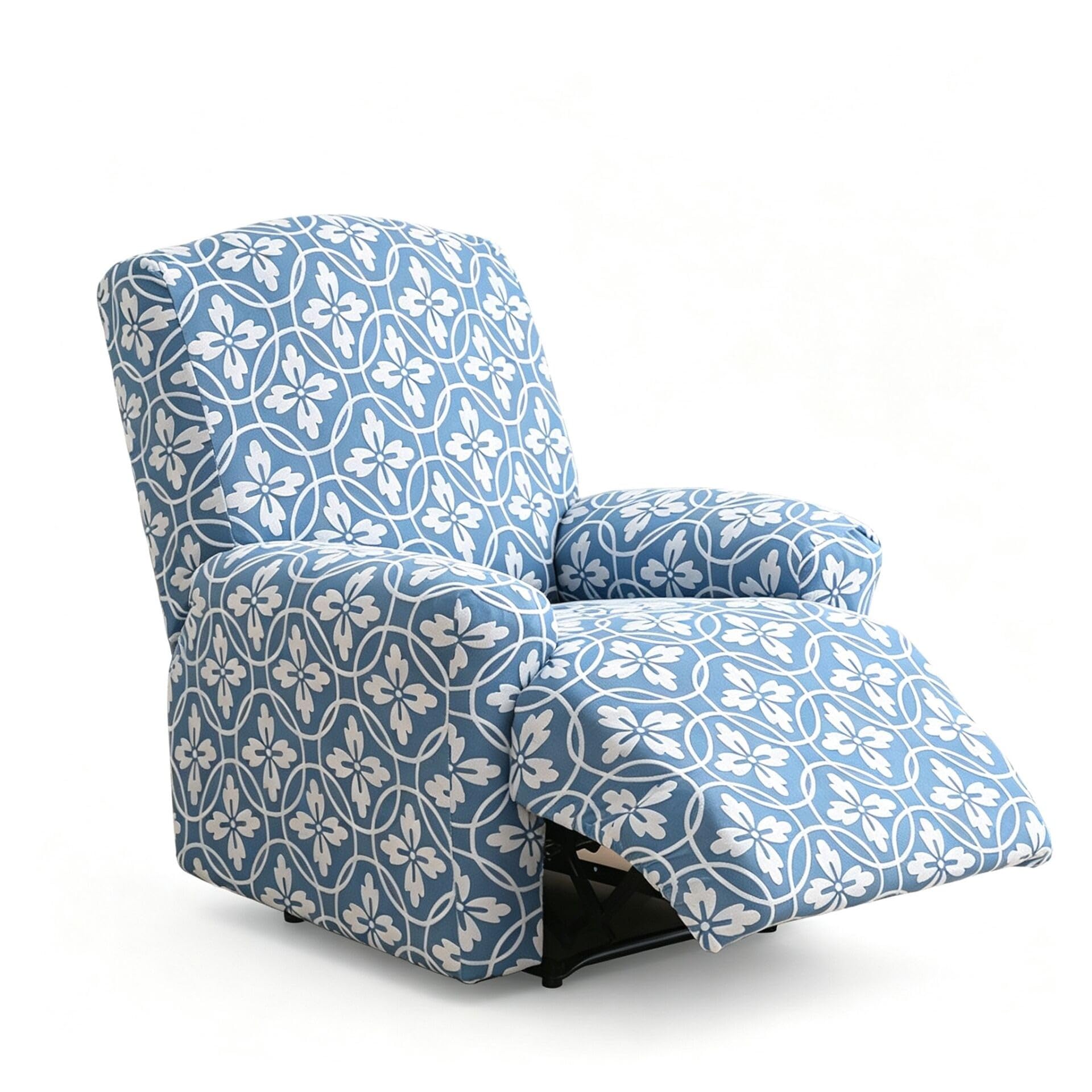 BEIWOSHA Recliner Slipcovers 4-Pieces Stretch Jacquard Recliner Cover with Printed Pattern Thickened Soft Reclining Chair Slipcover Furniture Protector for Kids Pets(Blue,3 Seater)