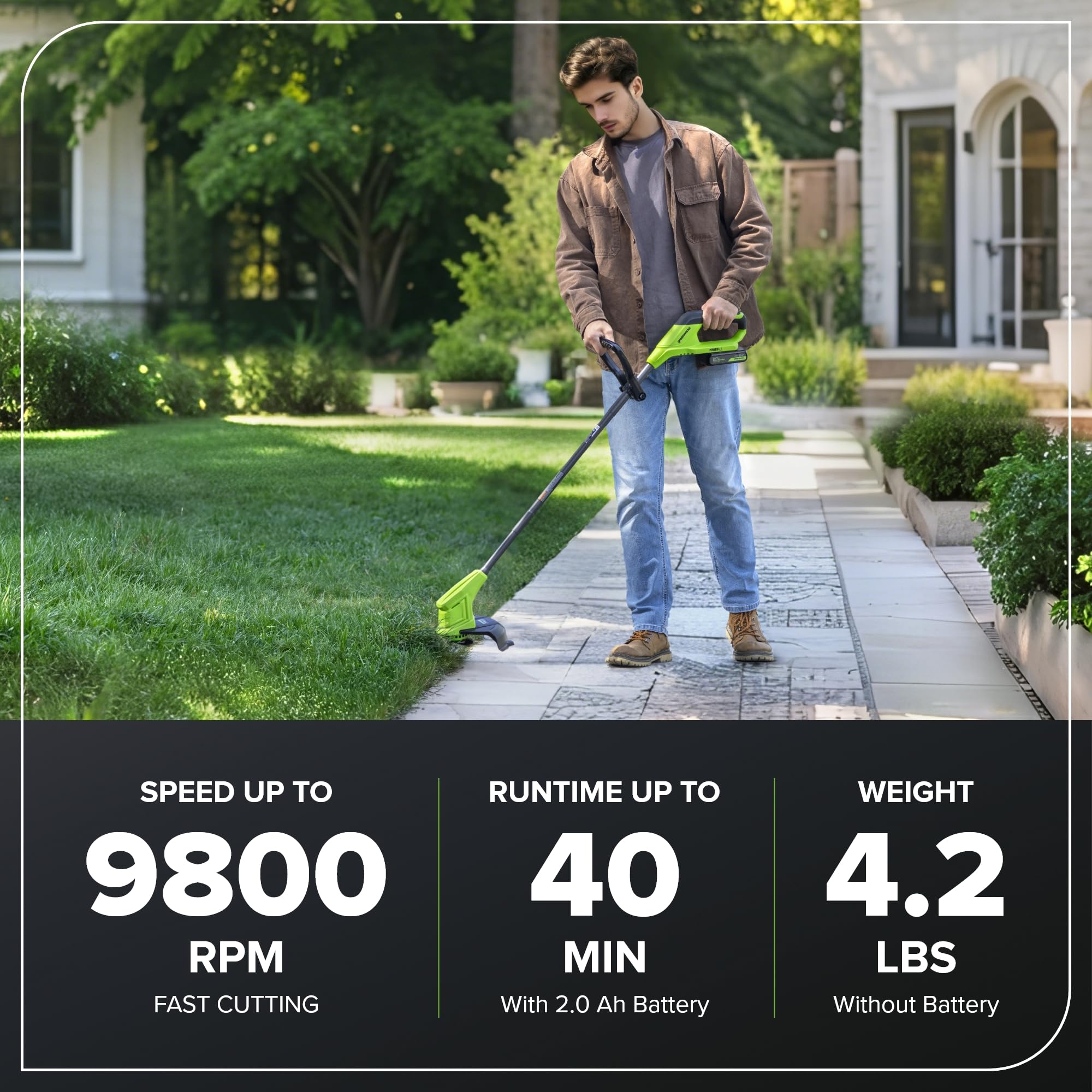 Greenworks 24V Coupe-Bordures sans Fil pour Moyens Jardins, Hauteur réglable, Largeur de Coupe 25 cm, 20 Couteaux Clients Inclus, Batterie 2.0 Ah et Chargeur, Barre de Guidage télescopique réglable