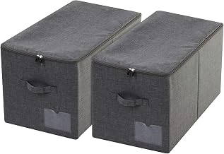 Storage Basket with Lid, Hard Foldable and Washable, Space-Saving Boxes for Bedding, Clothes, Books, Photo Albums, Black/Grey, Set of 2