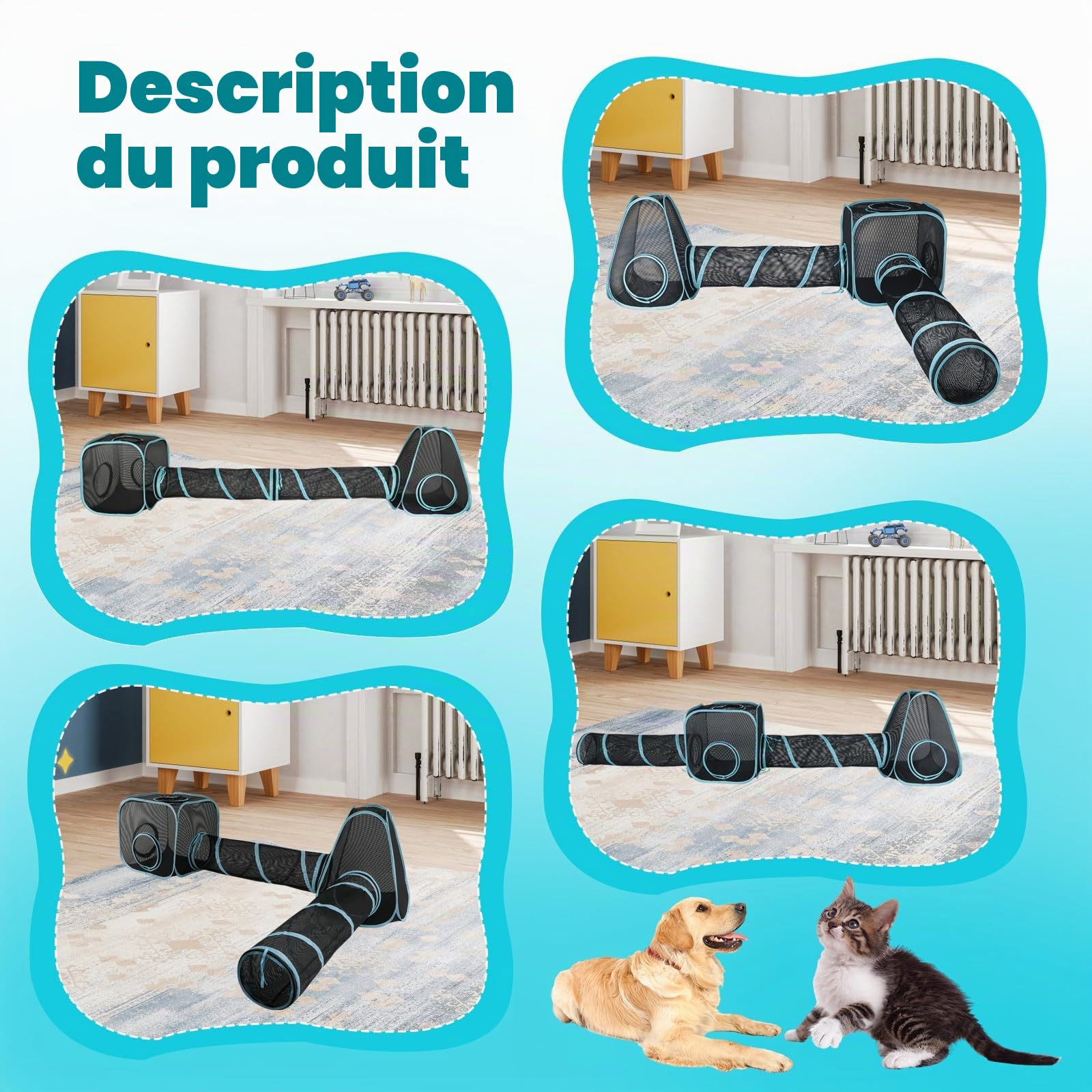 Enclos d'extérieur Portable pour Chat de 2,4 m, Tente Pop-up pour Chats avec Tunnels Doubles de 85 x 30 cm à Faire soi-même de Plusieurs façons, Tente de Jeu pour Lapins et Petits Animaux