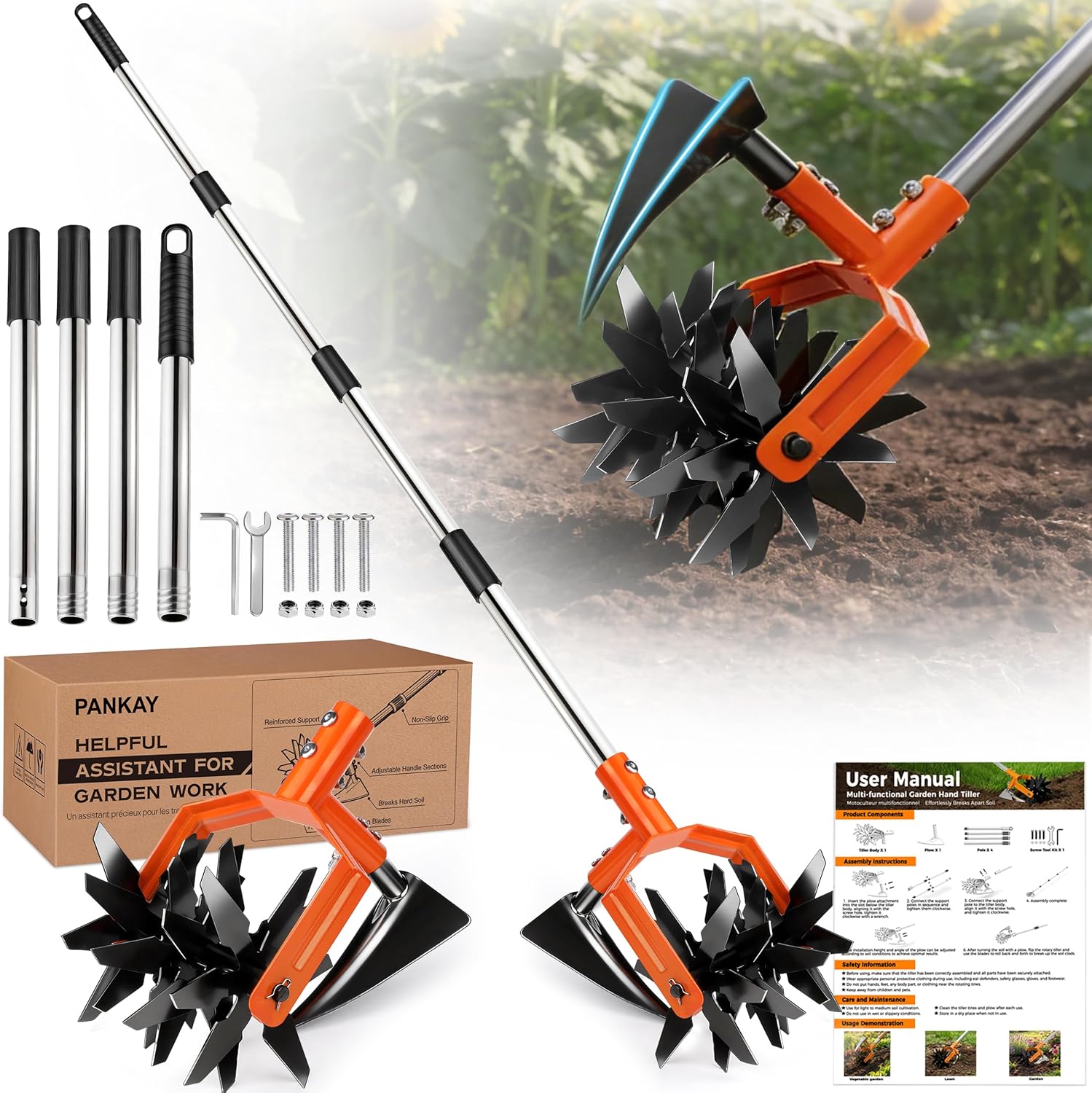 Pankay Rotary Hand Tiller for Gardening, Garden Cultivator Tool with Tilling Blade, 63’’ Adjustable Stainless Steel Poles Cultivators for Gardening, Lawn Care, Reseeding Grass, Soil Mixing