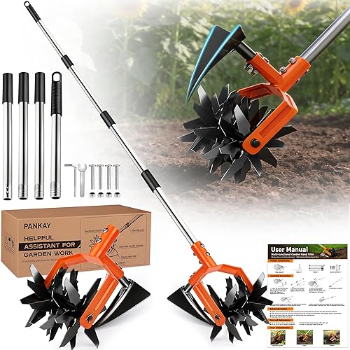 Pankay Rotary Hand Tiller for Gardening, Garden Cultivator Tool with Tilling Blade, 63’’ Adjustable Stainless Steel Poles Cultivators for Gardening, Lawn Care, Reseeding Grass, Soil Mixing