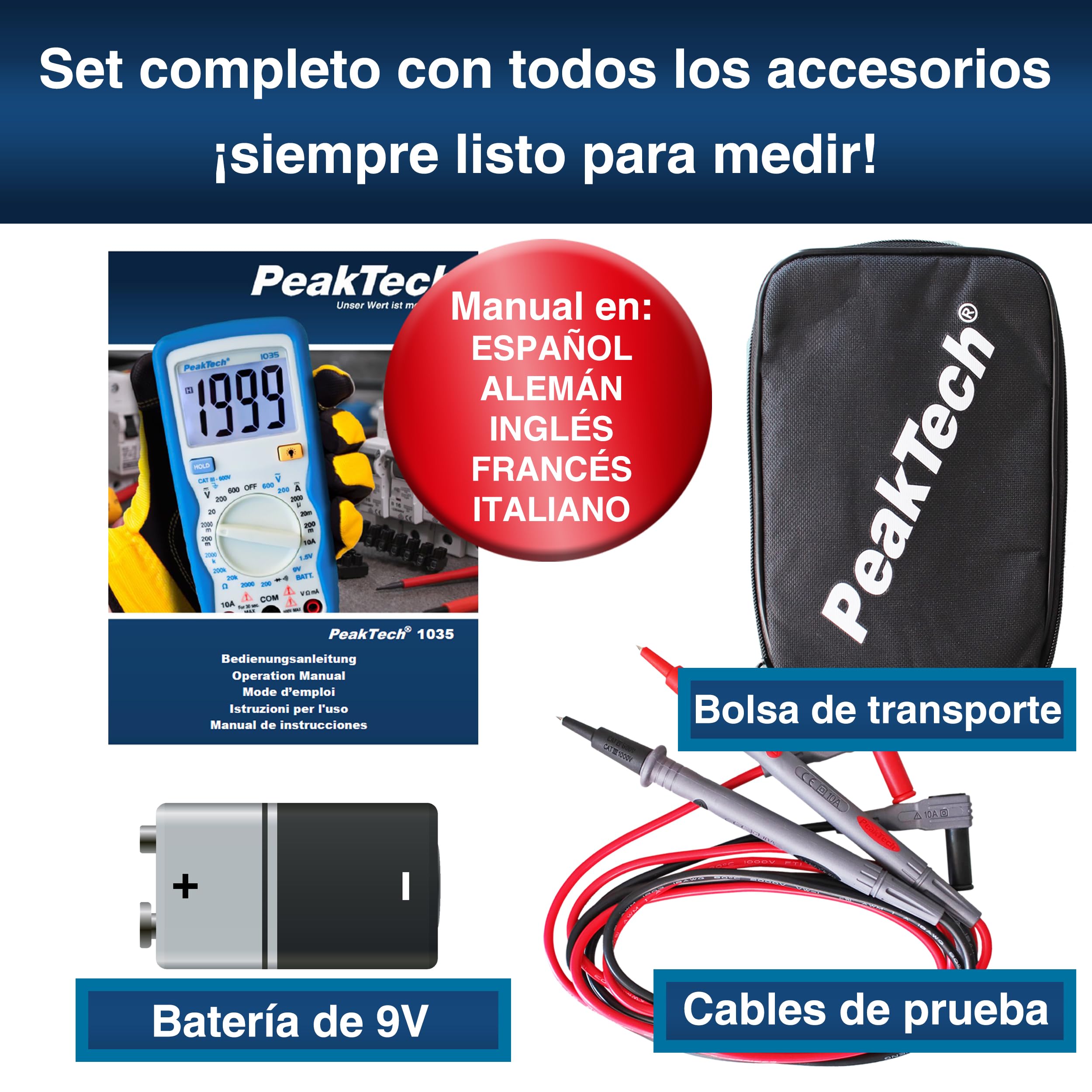 PeakTech 1035 – Multímetro digital CAT III con pantalla, probador de batería, multímetro de mano, dispositivo de medición, voltímetro, medición de corriente, probador de continuidad - máx.600 V