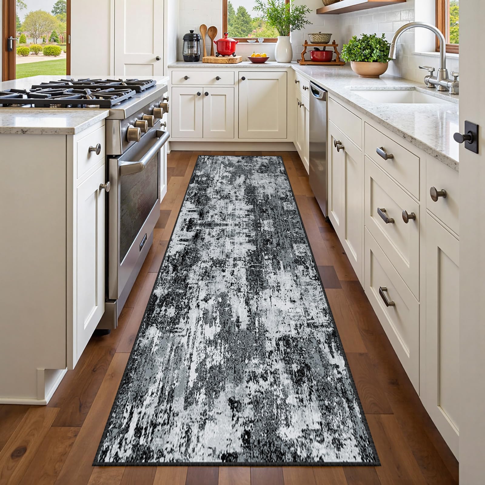 Washable Area Rugs 2'x10' Non-Slip Modern Abstract Soft for Living Room Entryway Bedroom Nursery, Print Pattern, Black Gray