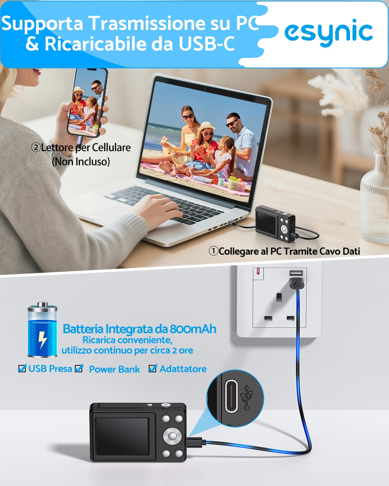eSynic Fotocamera Digitale Compatta 4K 48MP, Doppio Schermo LCD 2.4''+1.3'' per Bambini, Zoom Digitale 18X, Luce Supplementare, Include SD 32GB, Macchina Fotografica Ricaricabile, Ideale Regalo - Nero