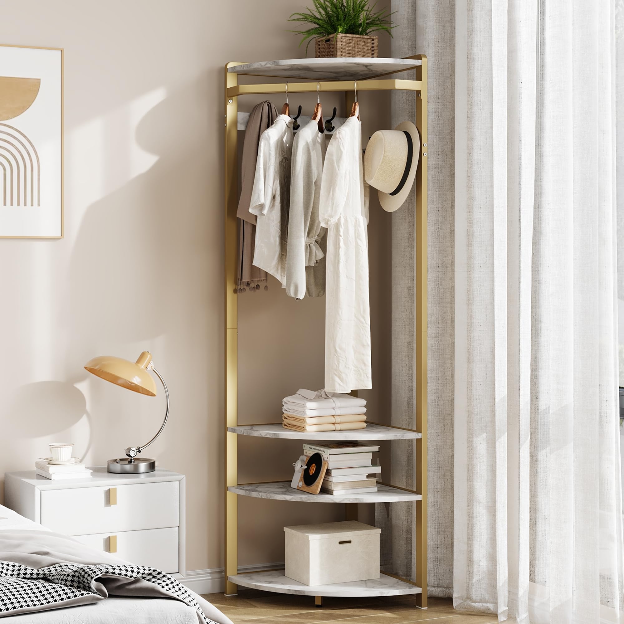 Armadio ad angolo con 4 ripiani e 6 appendiabiti in metallo e legno, per camera da letto, soggiorno, corridoio, design Ele d & White