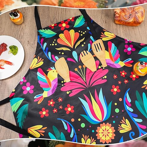 Miniatura 6 de Delantal mexicano para mujer, colorido fondo mexicano con flores y pájaros, delantal de cocina impermeable con bolsillos ajustables para cocina,