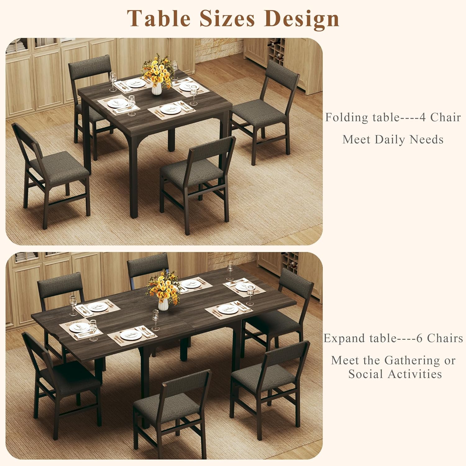 7-Piece Dining Table Set for 4-6, Extendable Kitchen Table Cushion Chairs Set of 6 with 6 Chairs, Rectangle Dining Table with Metal Frame & MDF Board, Grey Oak, for Small Apartment Saving Space