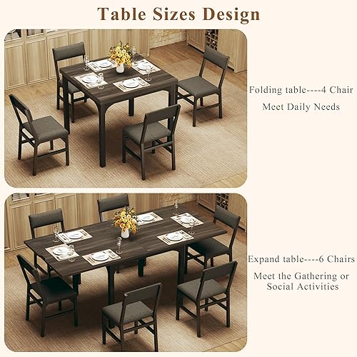 Miniatura 4 de Juego de mesa de comedor de 7 piezas para 4-6, sillas extensibles para mesa de cocina, juego de 6 con 6 sillas, mesa de comedor rectangular con