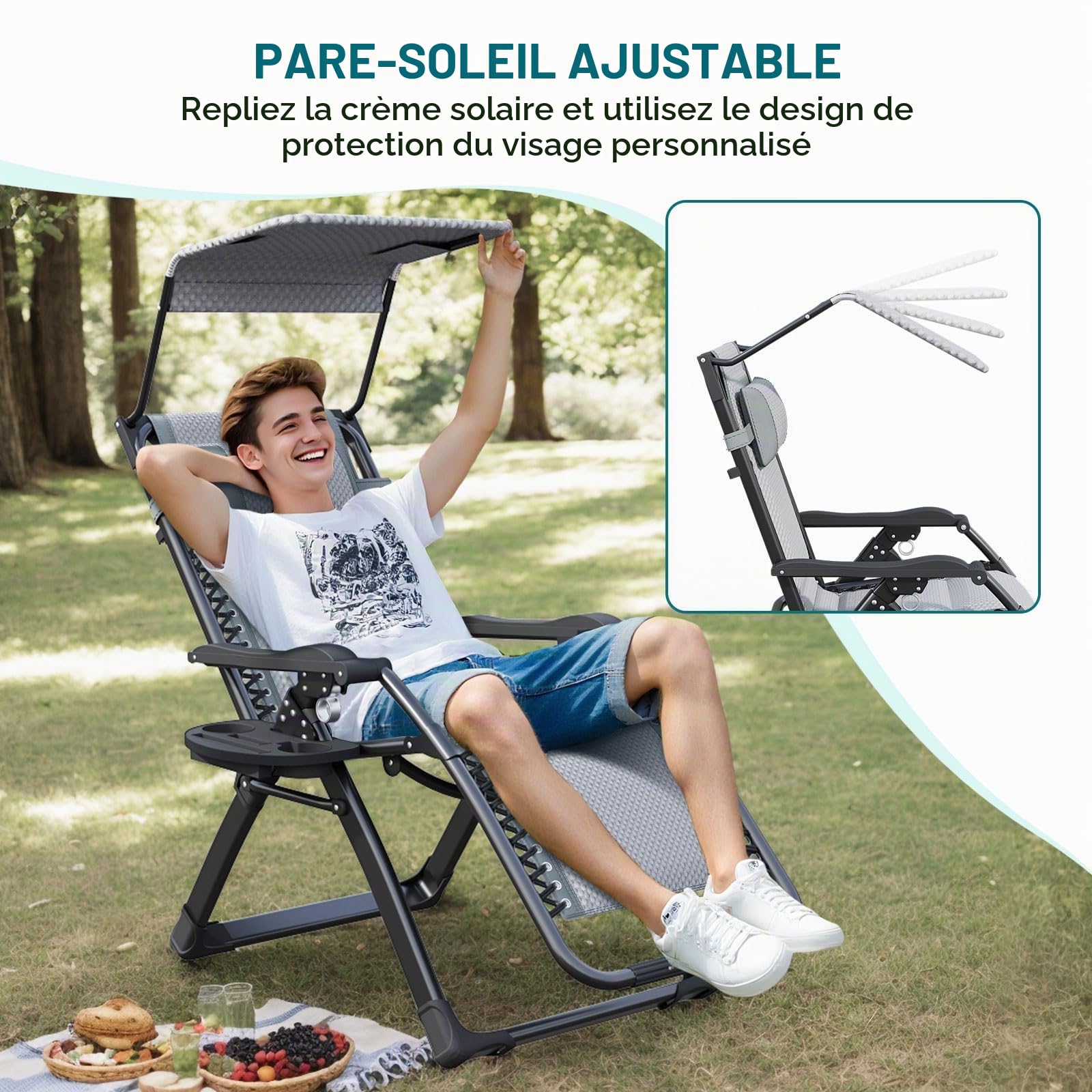ATORPOK SHOP Chaise longue pliante avec toit pare-soleil, appui-tête et porte-gobelet pour jardin, piscine et plage (gris)