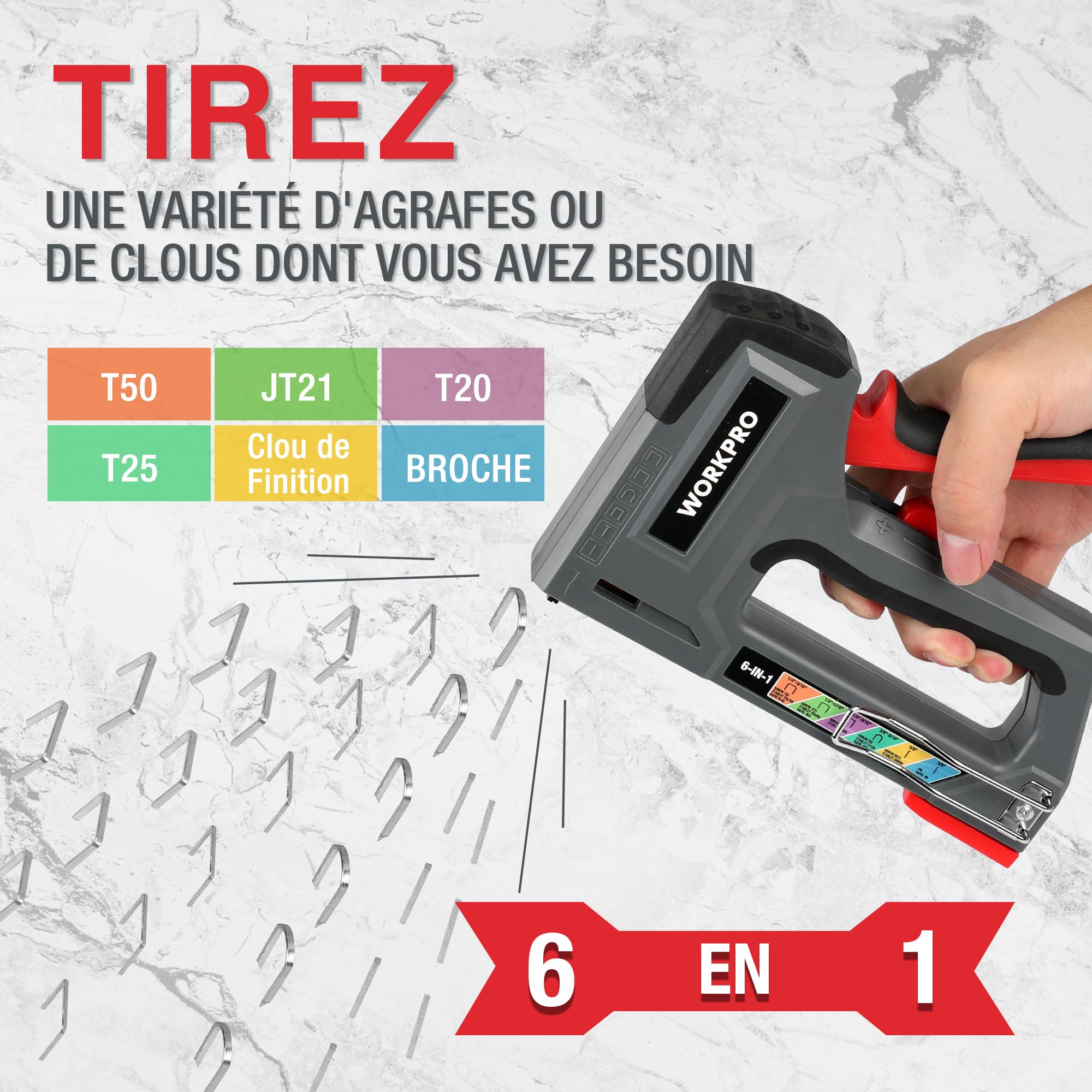 WORKPRO Agrafeuse Murale Multifonction 6 en 1 avec 4000 Agrafes, Agrafeuse Manuelle pour Fixer le Matériel, Décoration de Meuble, Assemblage de Porte, Fenêtre, Armoire
