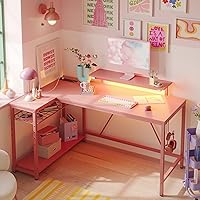 Vista 3 de Bestier Escritorio para juegos de 52 pulgadas con toma de corriente integrada y puertos USB, escritorio para computadora en forma de L con tira LED