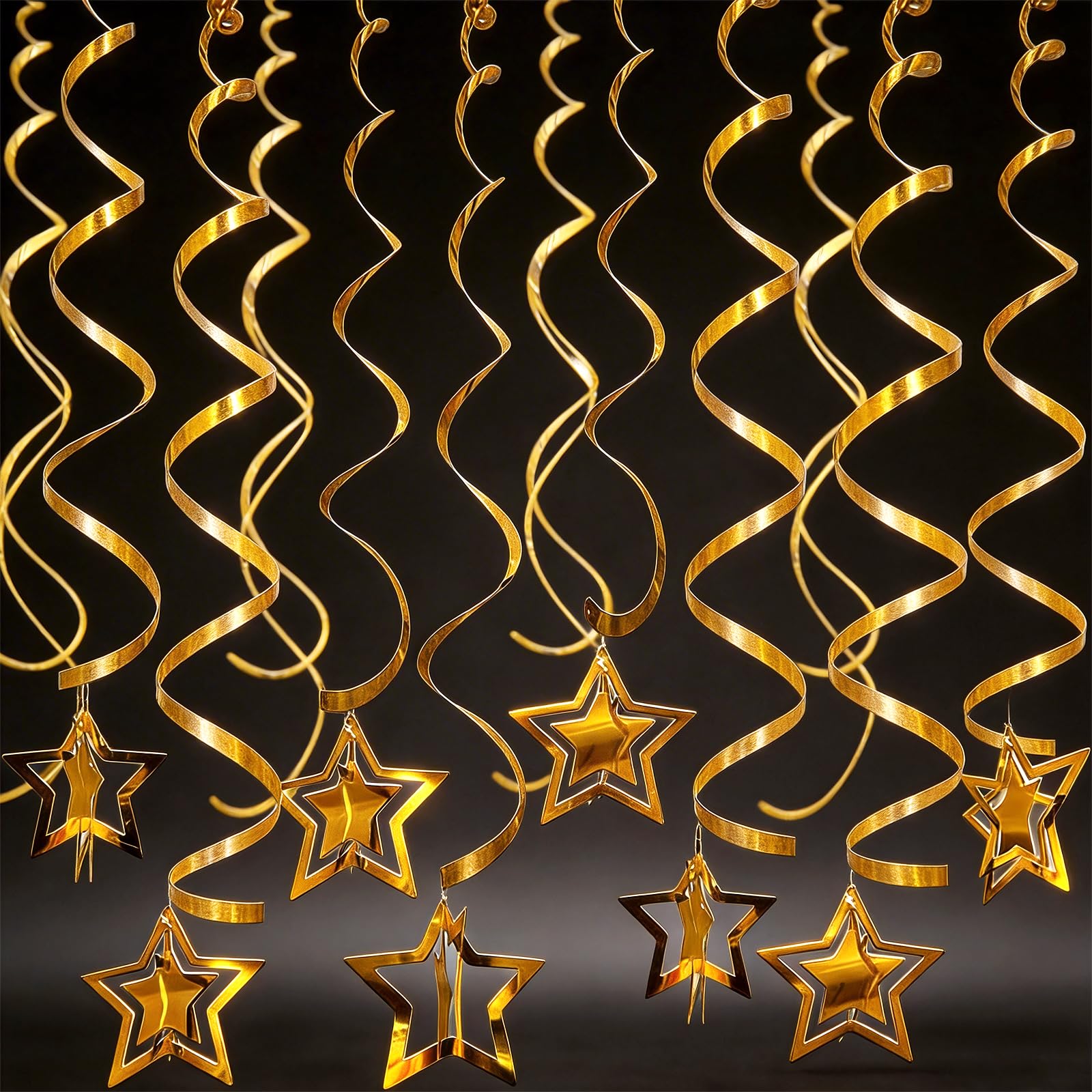 Gold Star Garland Decorations 20P - Hanging Party Decor for Birthday Wedding Christmas - Shiny Metallic Hanging Stars for Ceiling Wall Decorations