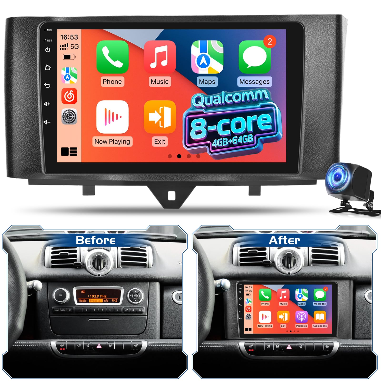Qualcomm 8-Core 4+64G Android Autoradio für Mercedes Benz Smart Fortwo 2011-2015, IPS Touchscreen Radio mit Wireless CarPlay & Android Auto, DSP Hi-Res Audio, GPS, WiFi, Rückfahrkamera