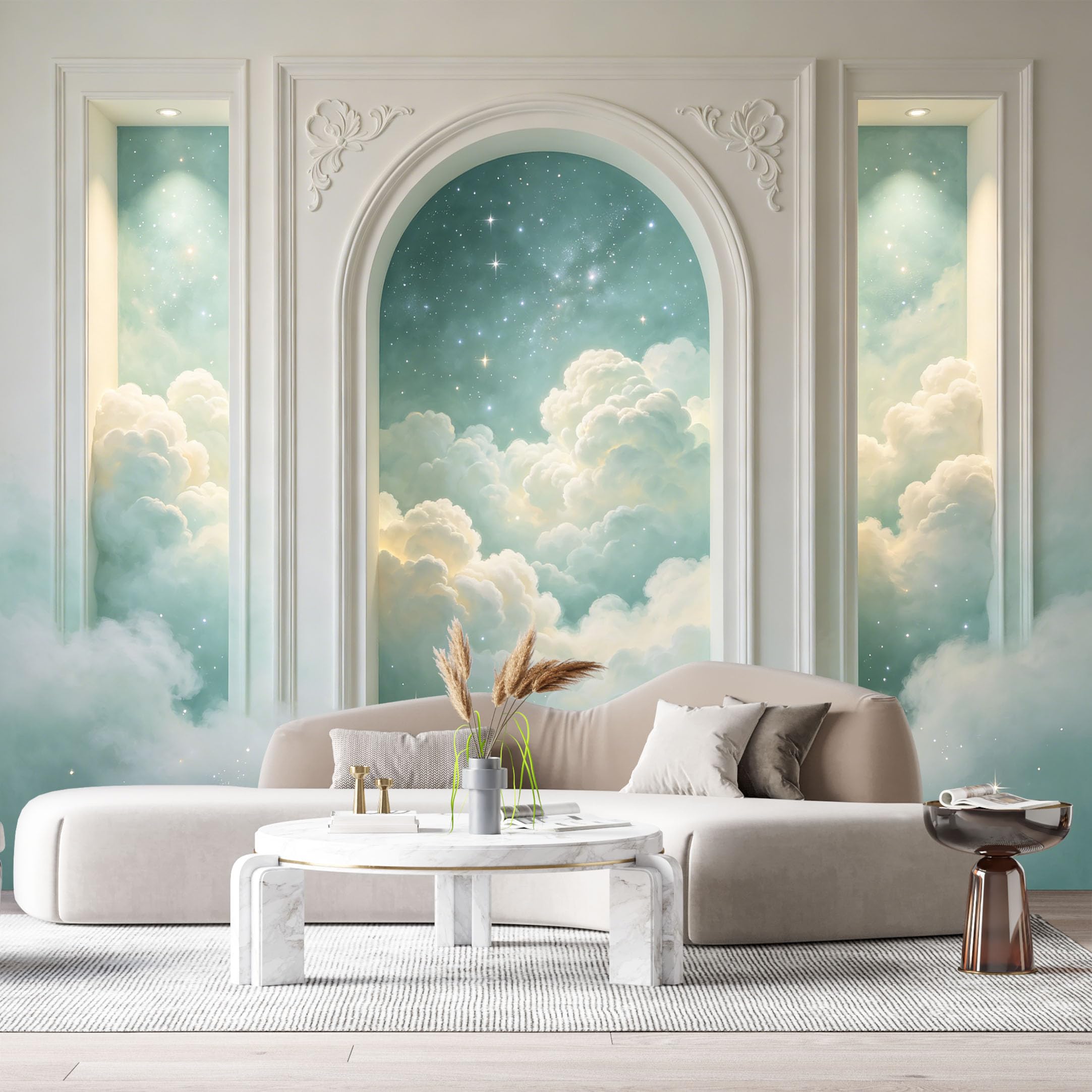 Custom Size Wall Murals Archway Sky Clouds Stars 3D Trompe L'Oeil SelfAdhesiveWall Fabric Removable Wallpaper Wall Decor for Living Room Bedroom Bathroom