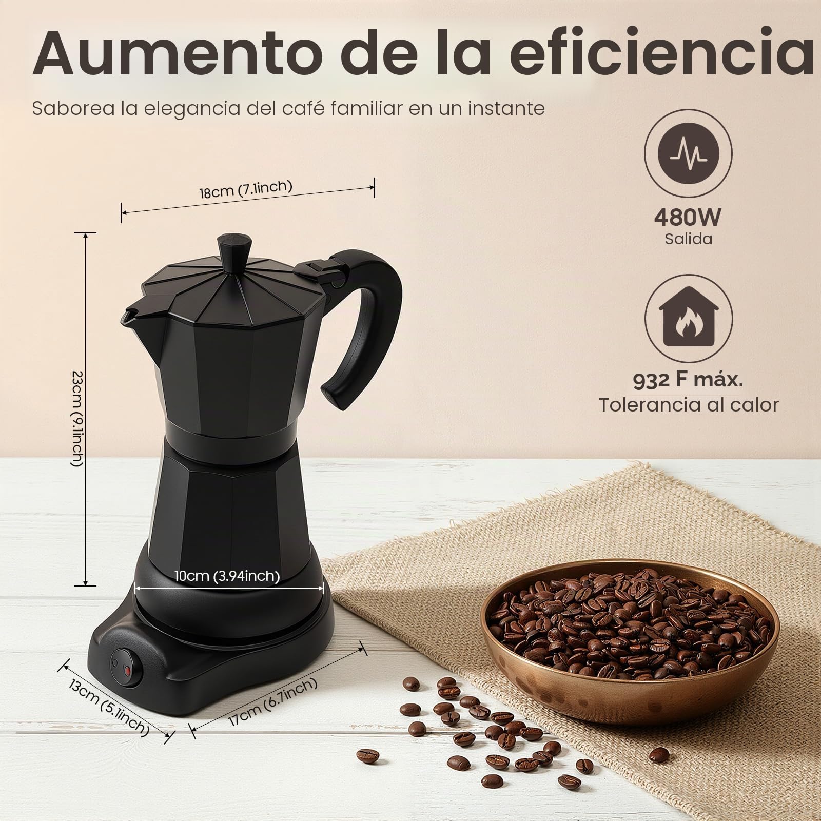 Cafetera eléctrica moka de 480 W, 300 ml, cafetera espresso para 6 tazas, moderna cafetera de aluminio negro para amantes del café