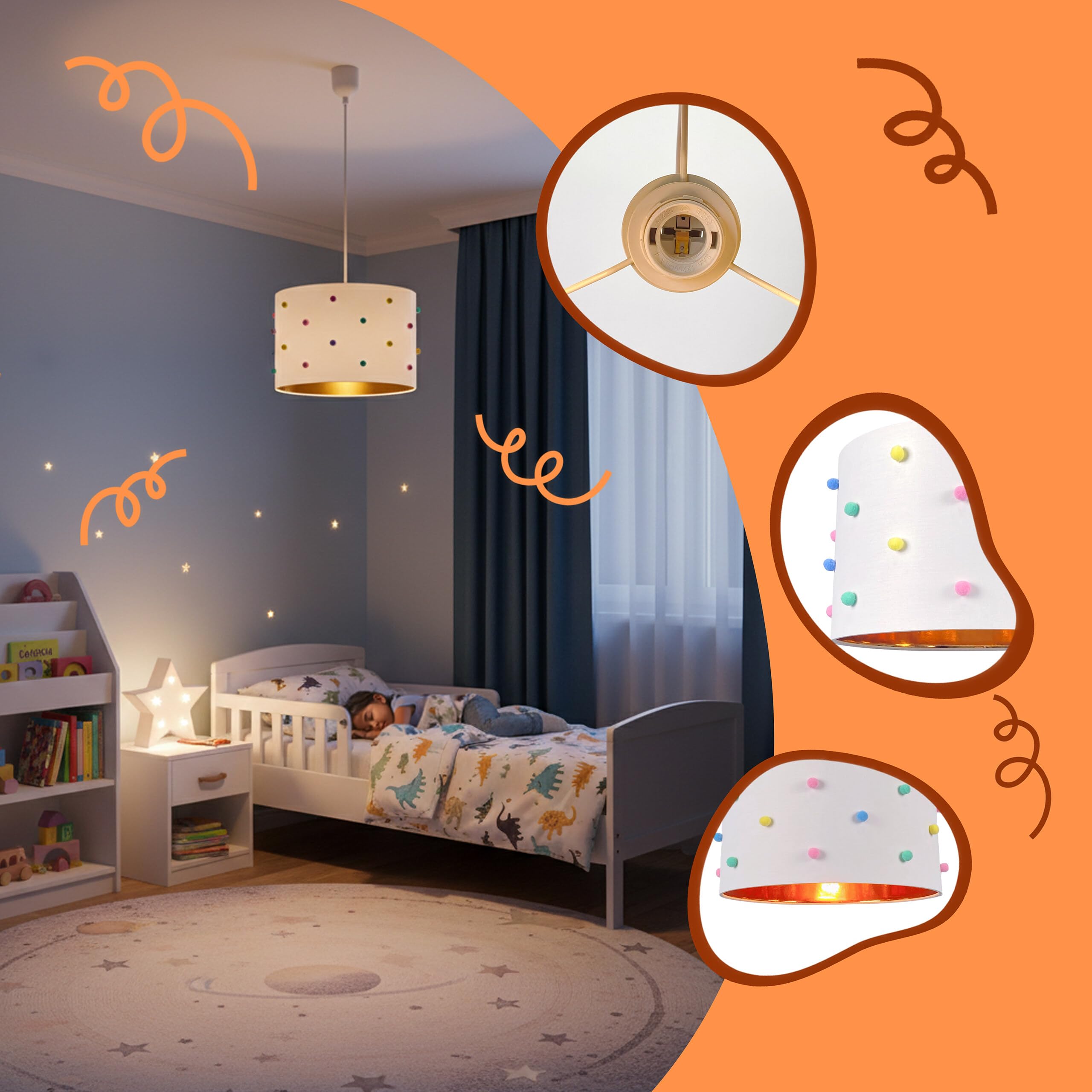 Relaxdays Lampada a Sospensione per cameretta, Pompon, HxD: 125 x 35 cm, Bambini, Bianca/Multicolore