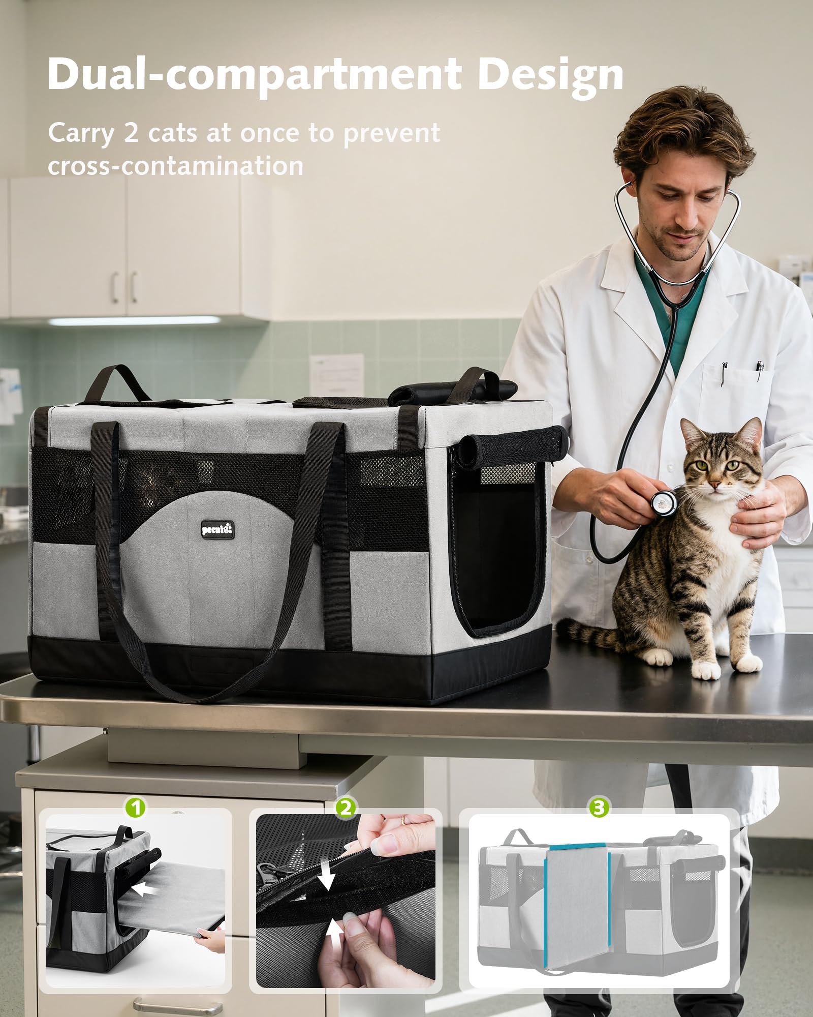 Pecute Transportín para Gatos con Doble Compartimento, ultraestable, Transpirable y Plegable, Ideal para Viajes, mudanzas y visitas al Veterinario, Gris