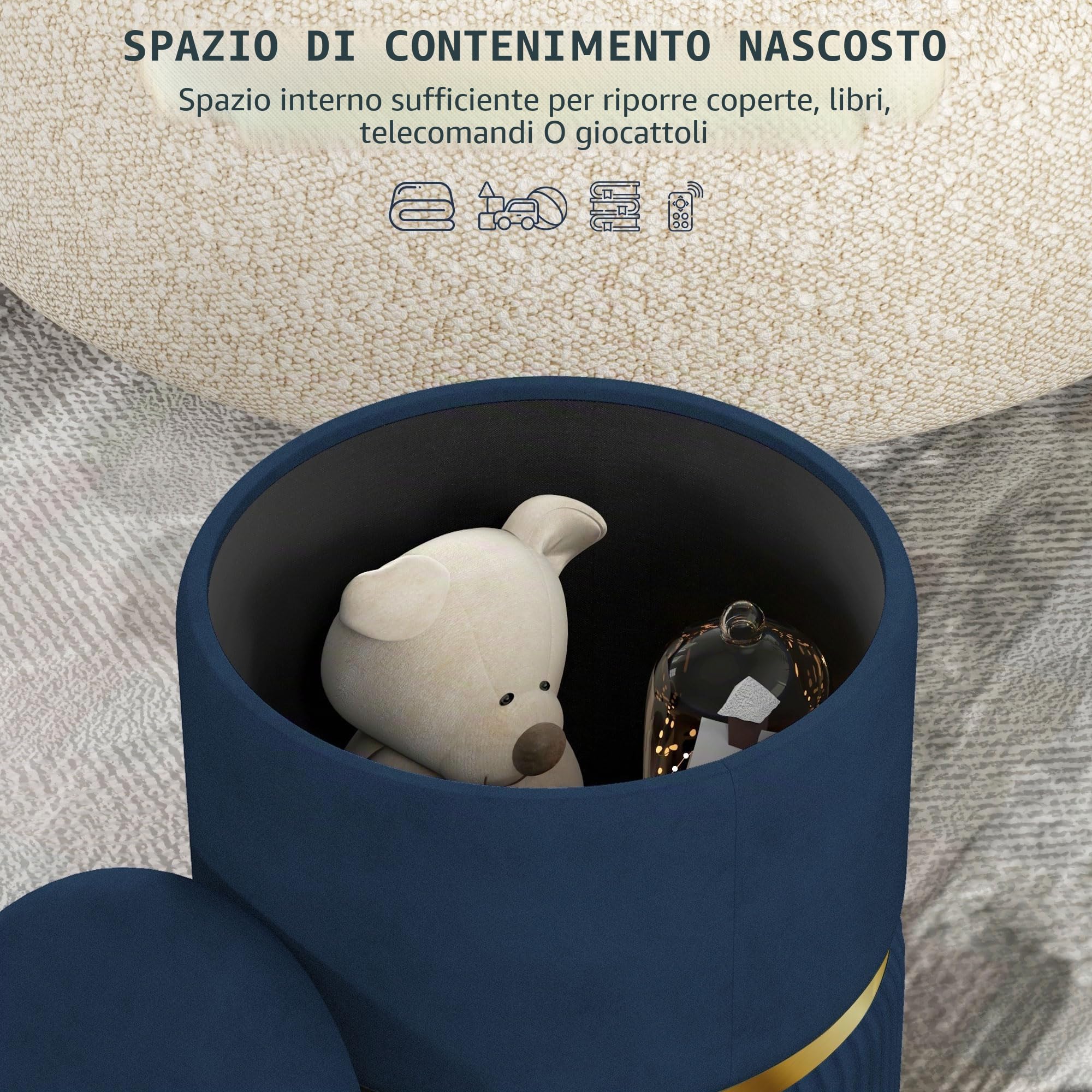 HOMCOM Pouf Sgabello Poggiapiedi Cassapanca 36x36x44cm Blu Scuro | Velluto a coste, design moderno, per soggiorno, camera da letto