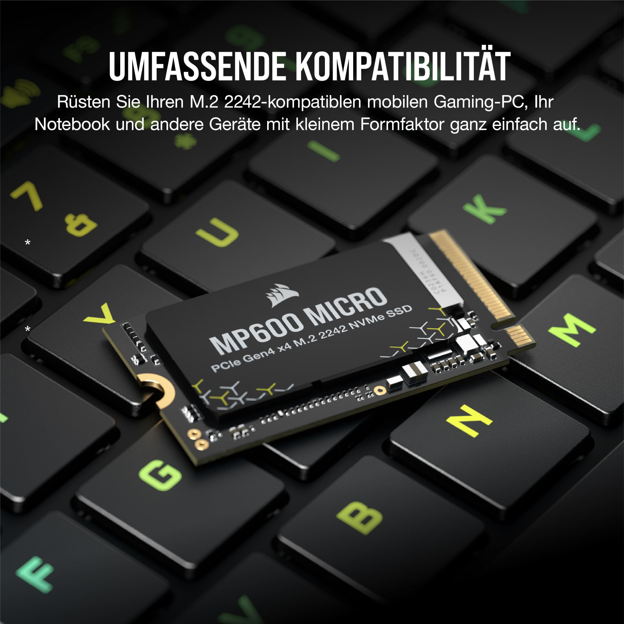 Corsair MP600 Micro 2TB M.2 NVMe PCIe x4 Gen4 SSD – M.2 2242 – Bis zu 7.000MB/Sek. Sequentielles Lesen – Hohe Dichte 3D TLC NAND – Kompatibel mit Lenovo Legion Go und Dünne Notebooks – Schwarz