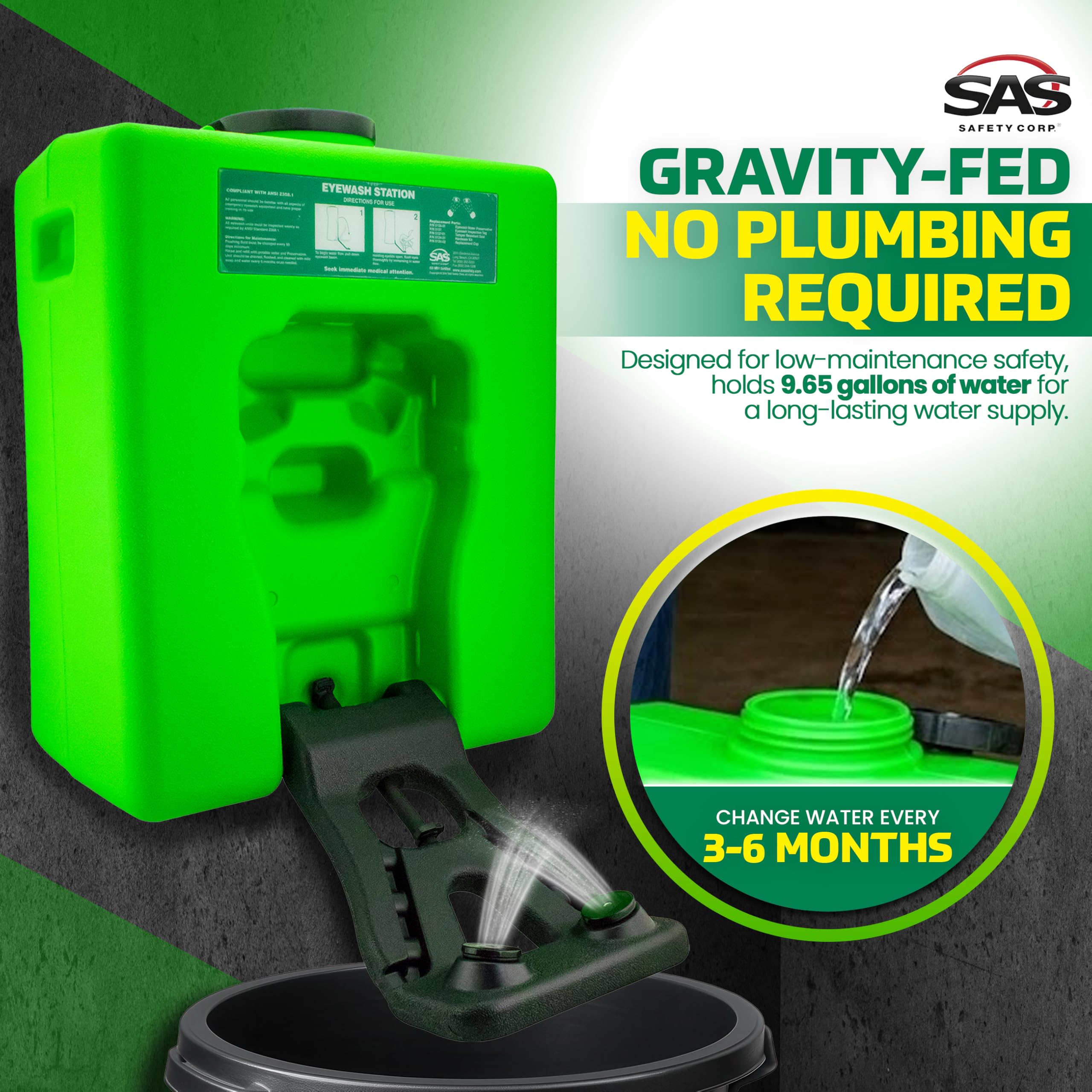 SAS Eyewash Station - 9.65 Gallon Green -5 SAS Eyewash Station - 9.65 Gallon Green -5