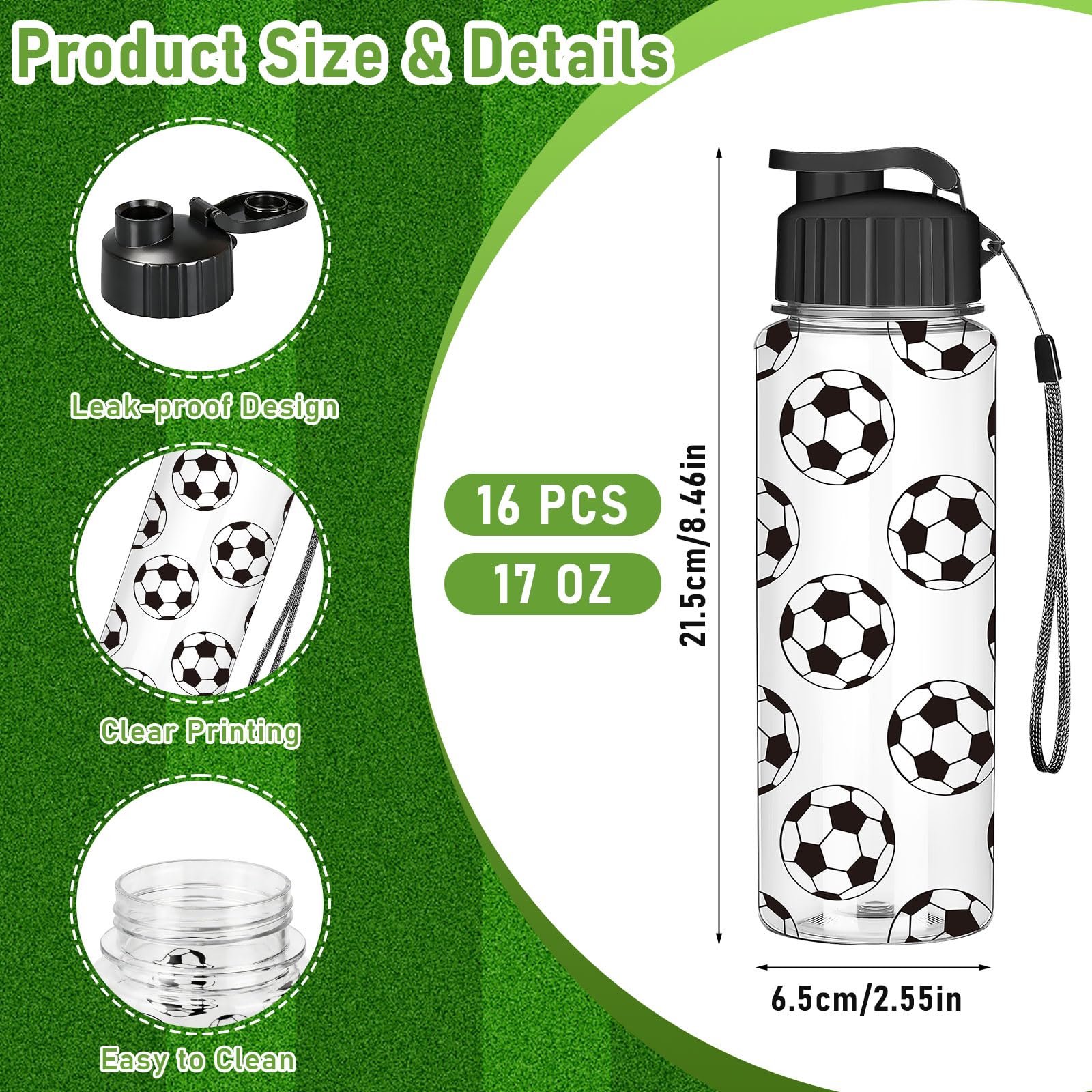 MSYU 16 bottiglie d'acqua da 500 ml, per sport da calcio, con tappo a ribalta, riutilizzabili, in plastica, accessori per regali di squadra, accessori per feste sportive