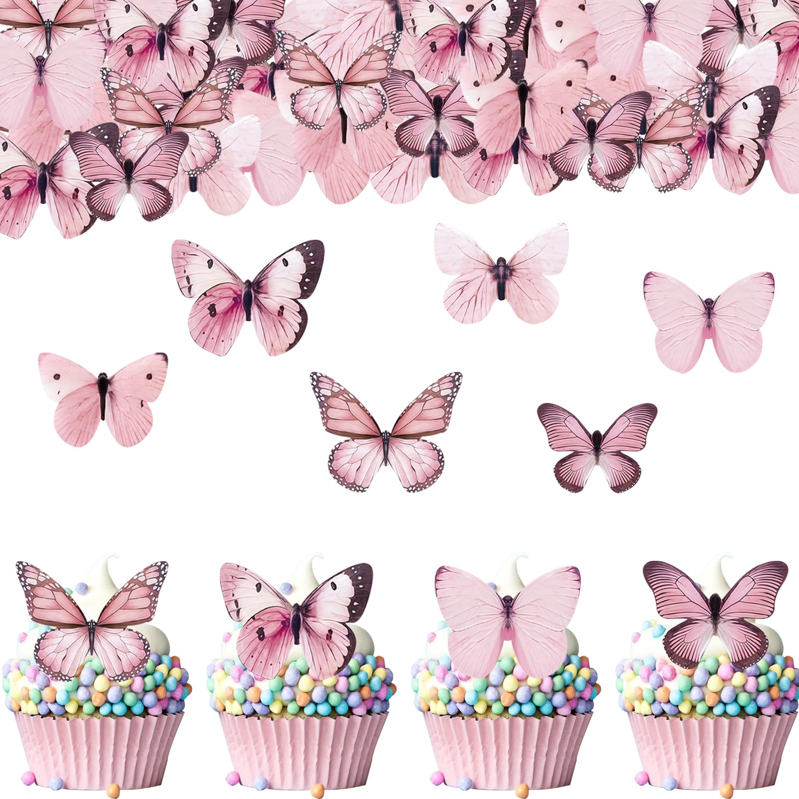 ENLACE 80 Stück Rosa Schmetterling Tortendeko Mädchen,Essbare Schmetterlinge für Torte,Cupcake Topper Schmetterling Deko Kuchen Essbar,Schmetterlinge Deko Torte für Babyparty Geburtstag Hochzeit