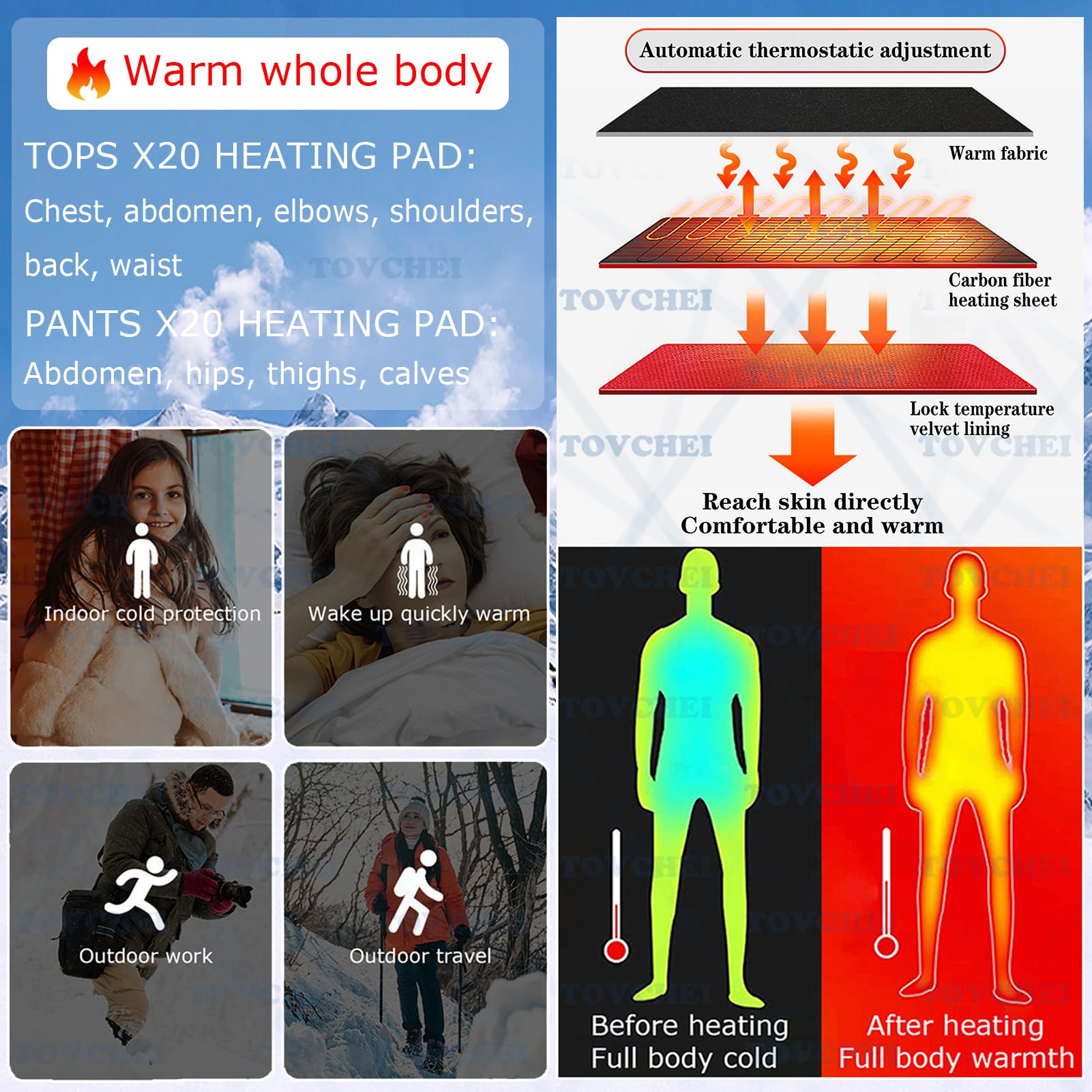 TOVCHEI Electric Heated Underwear Set Winters Outdoor Thermal Underwear 40 Zone Full Body Heating Shirt & Pants for Men Women,Black,4XL