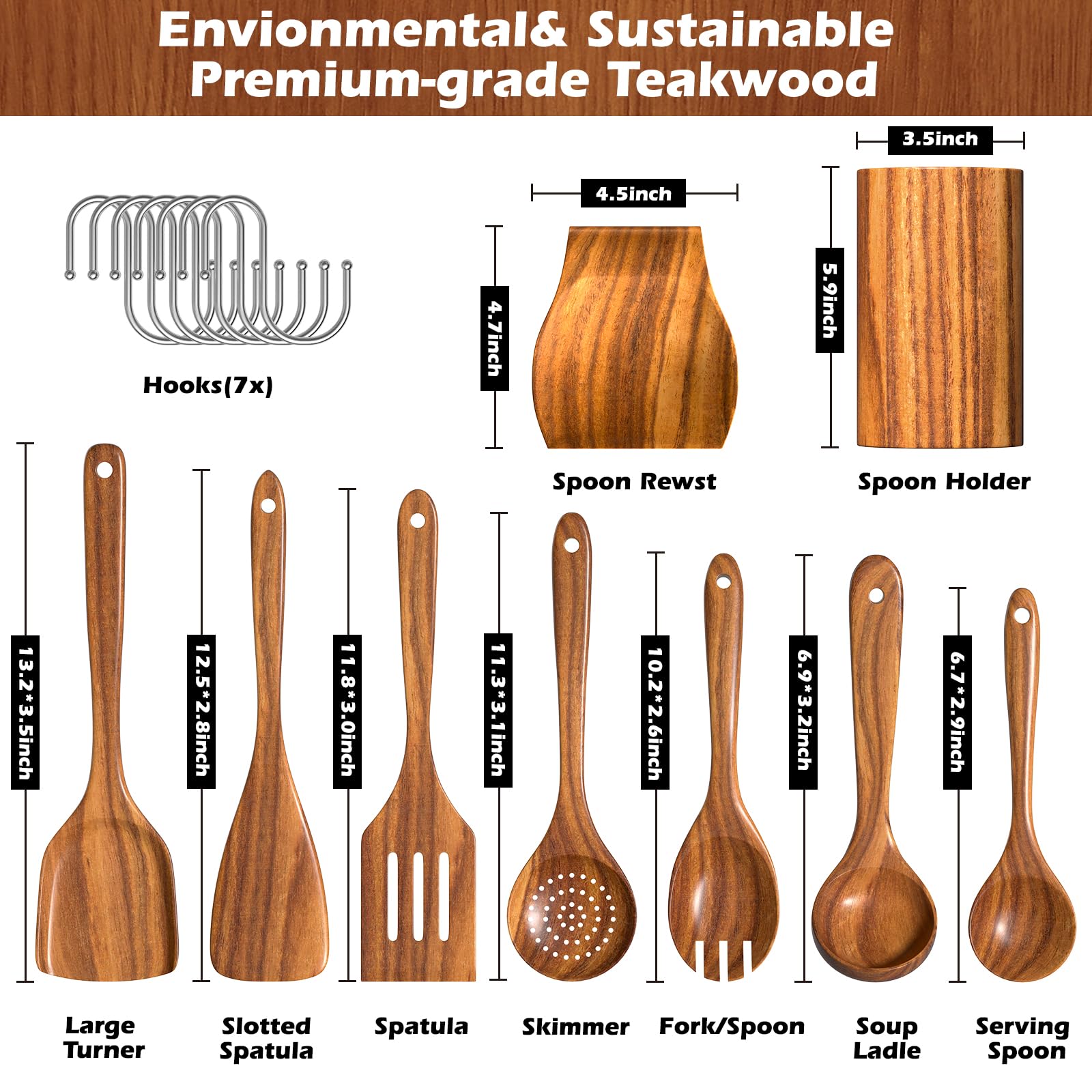 Küchenhelfer-Set aus natürlichem Teakholz, mit Halter, Holzlöffel zum Kochen, 10-teiliges Kochspatel-Set mit Löffelablage, Holzutensilien-Set für antihaftbeschichtetes Kochgeschirr, robust und leicht